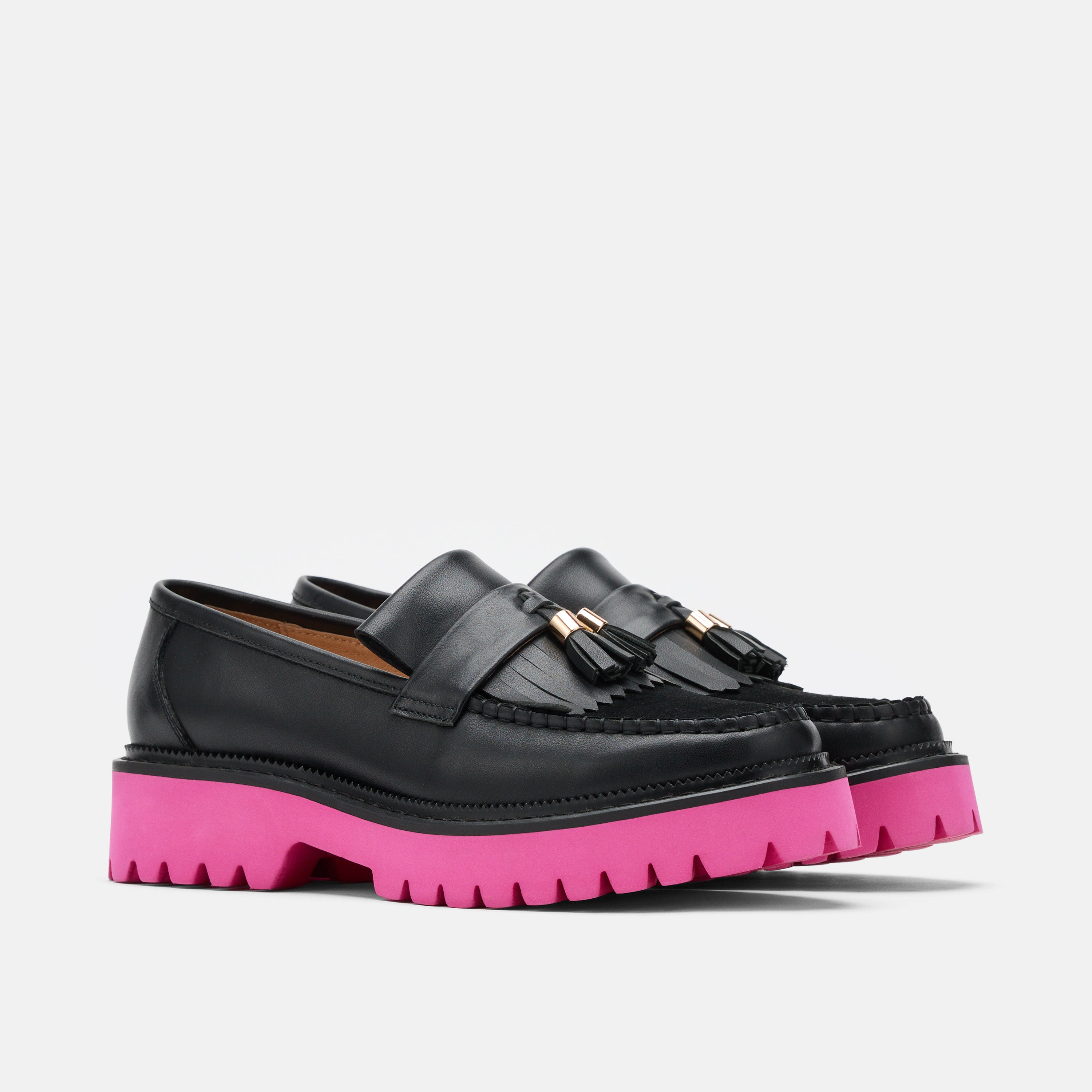 Ms. Journey Black/Pink Leather Lug Tassel Loafer