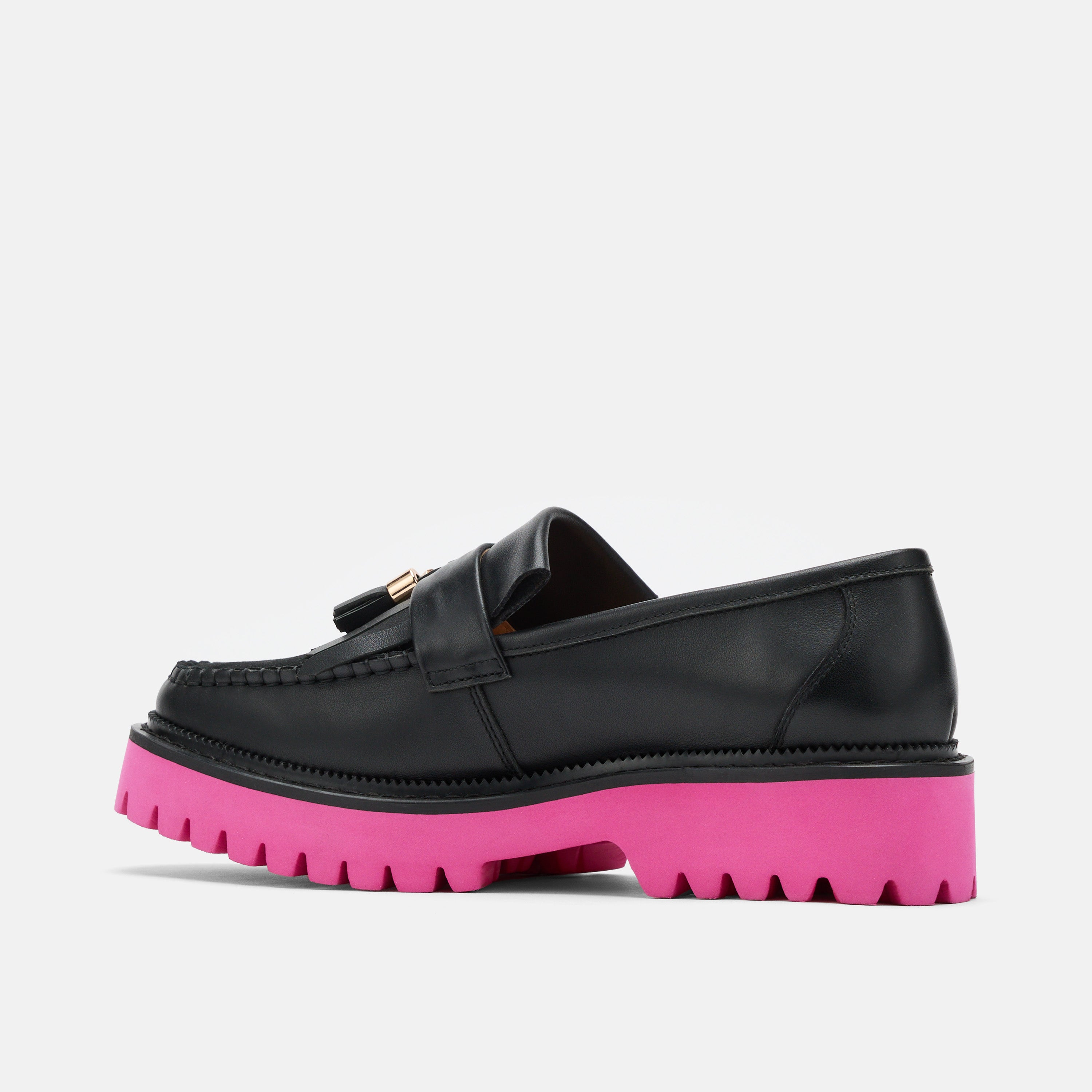 Ms. Journey Black/Pink Leather Lug Tassel Loafer