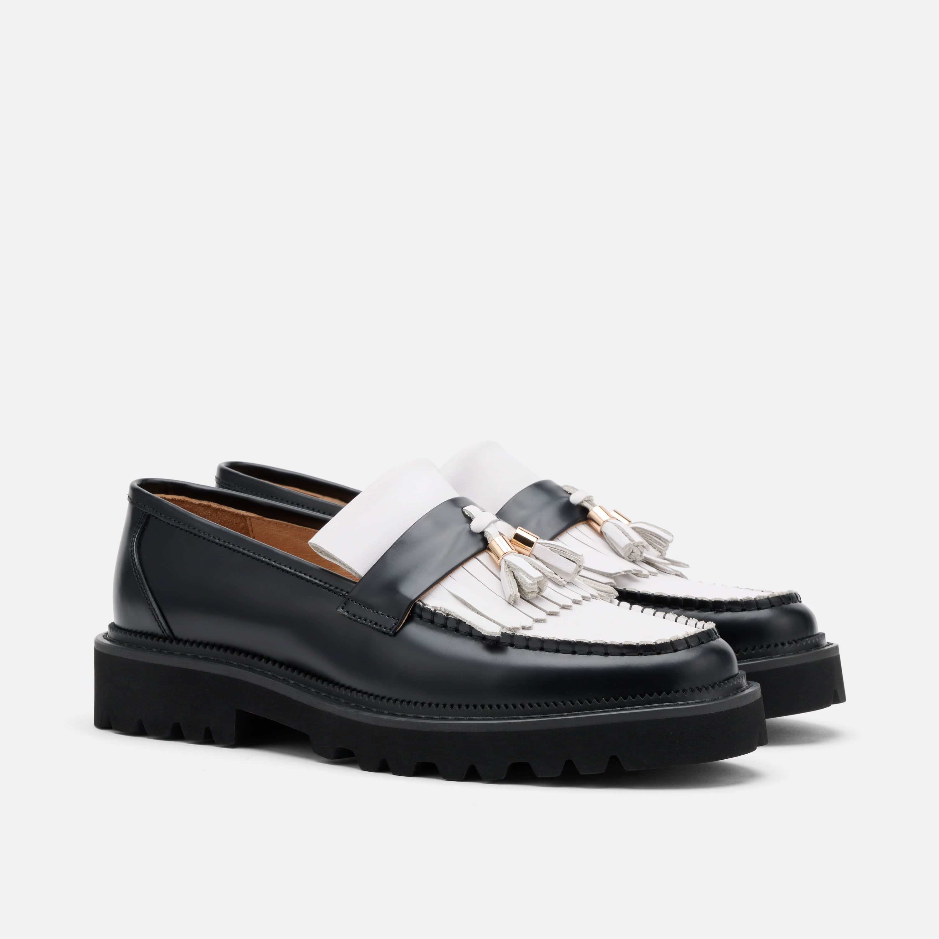 Journey Black/White Leather Lug Tassel Loafer