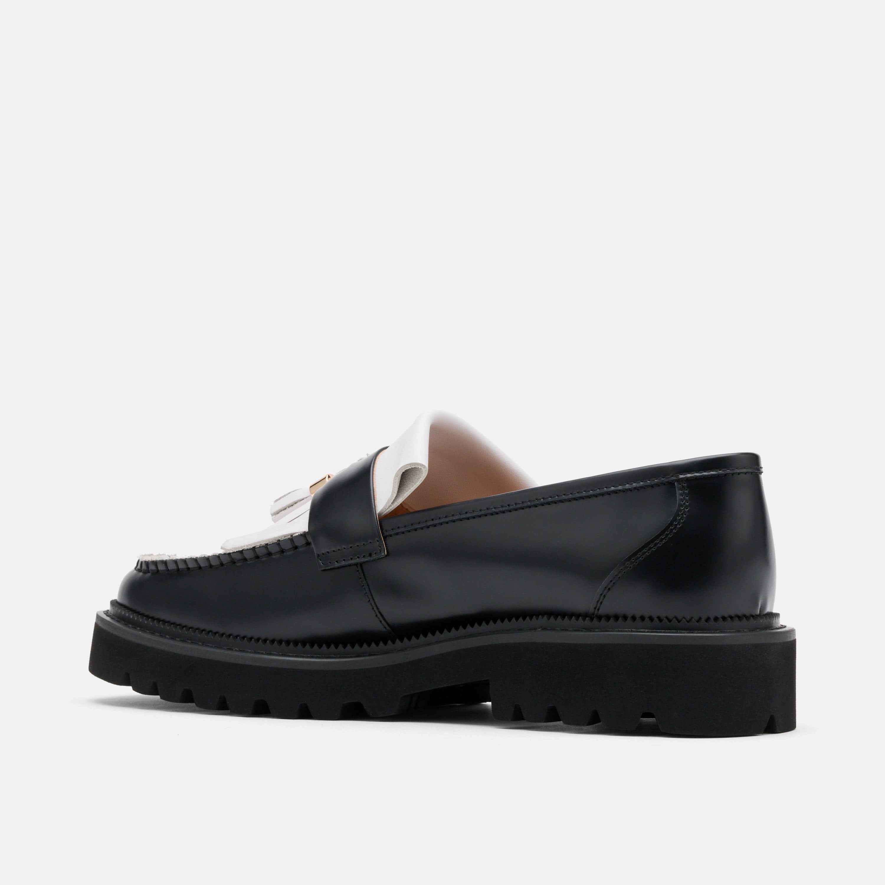 Journey Black/White Leather Lug Tassel Loafer