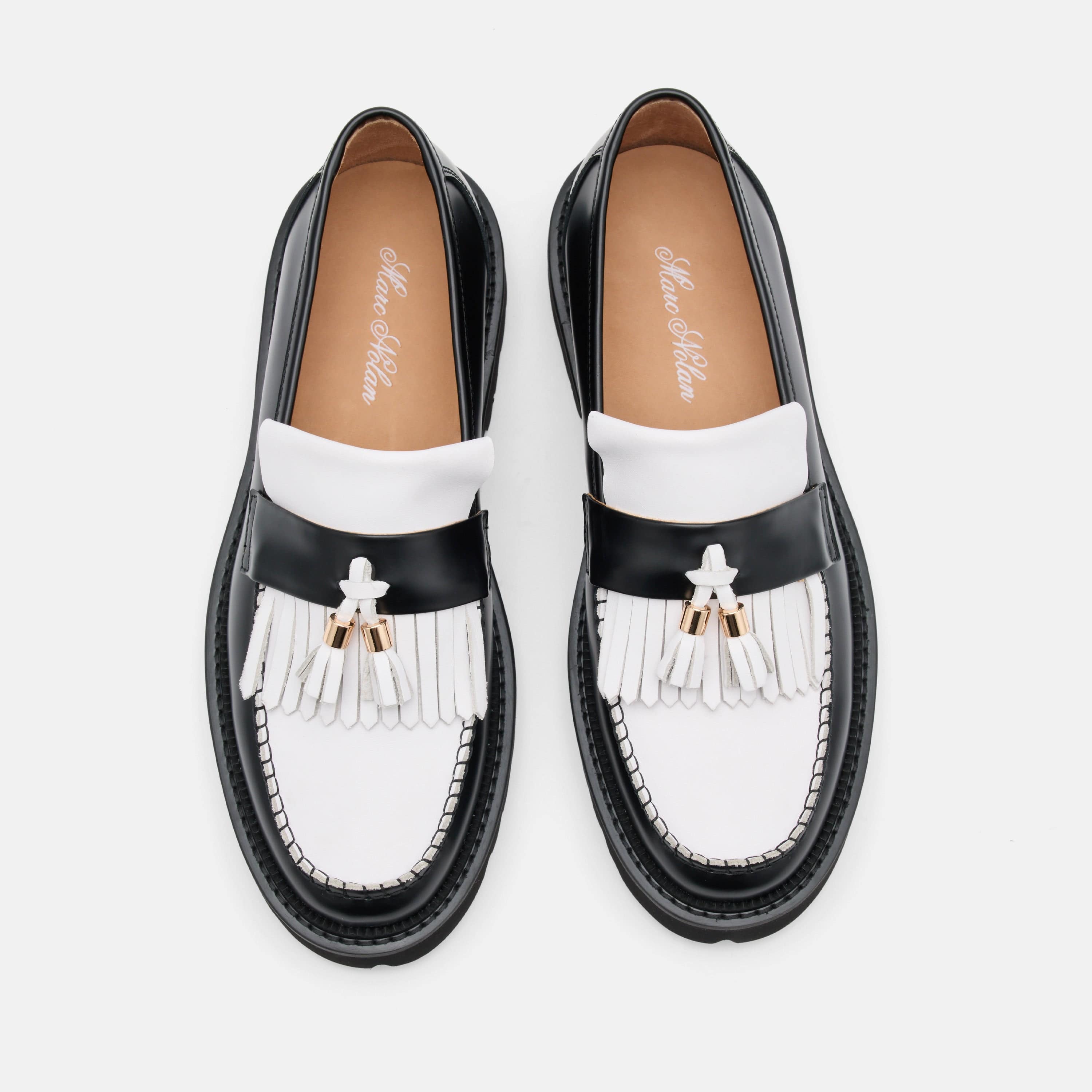 Journey Black/White Leather Lug Tassel Loafer