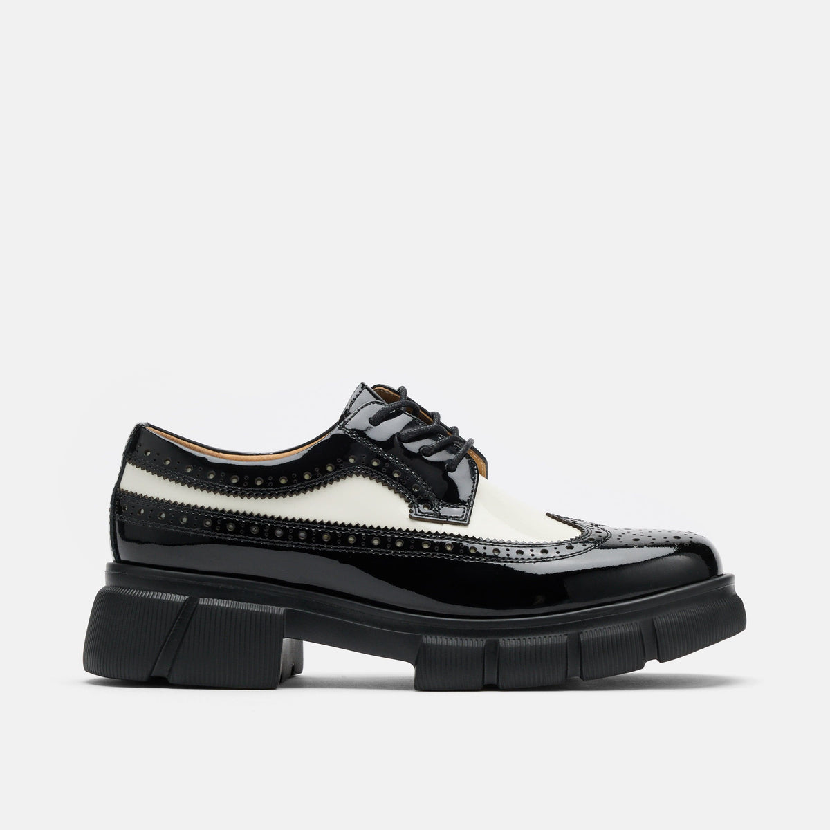 Ms. Alexander Black/White Patent Leather Lug Wingtip Derby - Leather