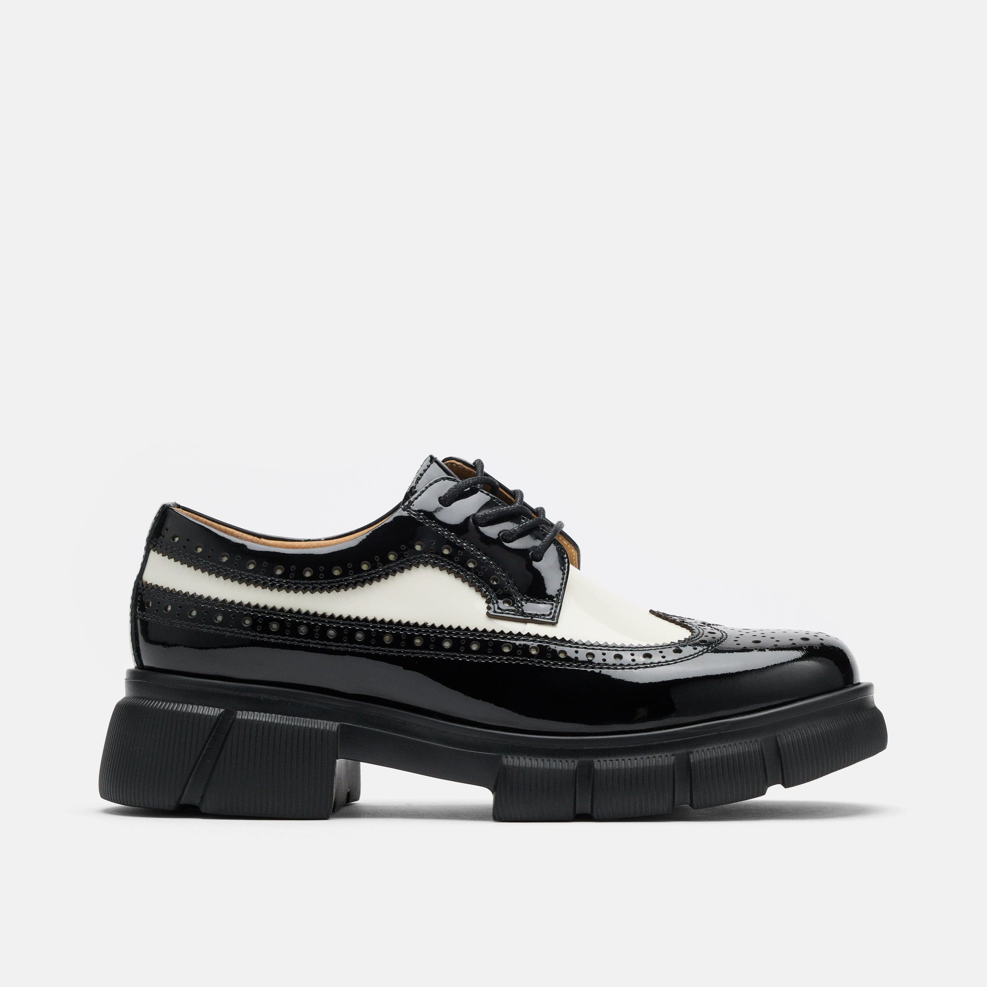 Ms. Alexander Black White Patent Leather Lug Wingtip Derby