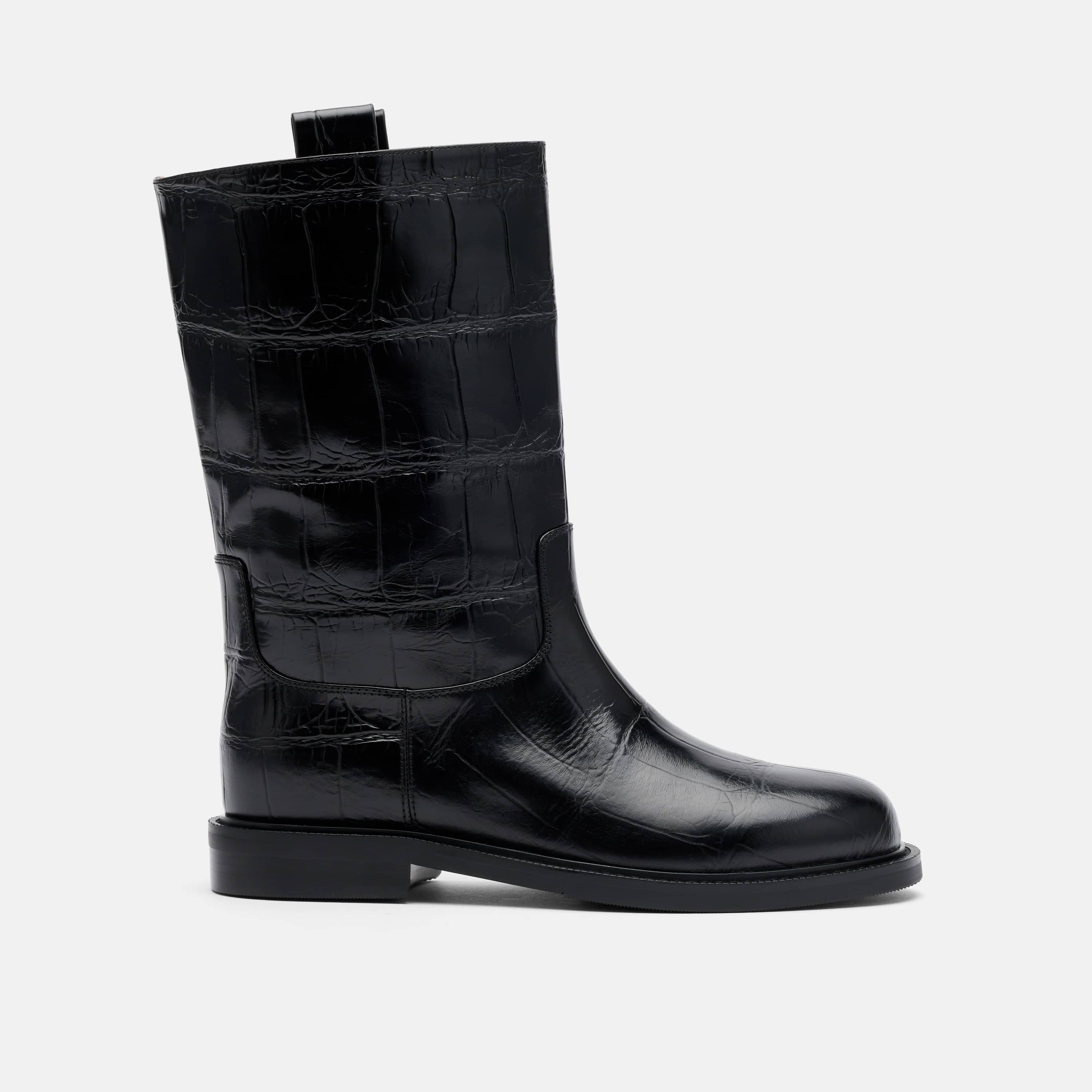 Blair Black Croc Leather Mid-Calf Riding Boots