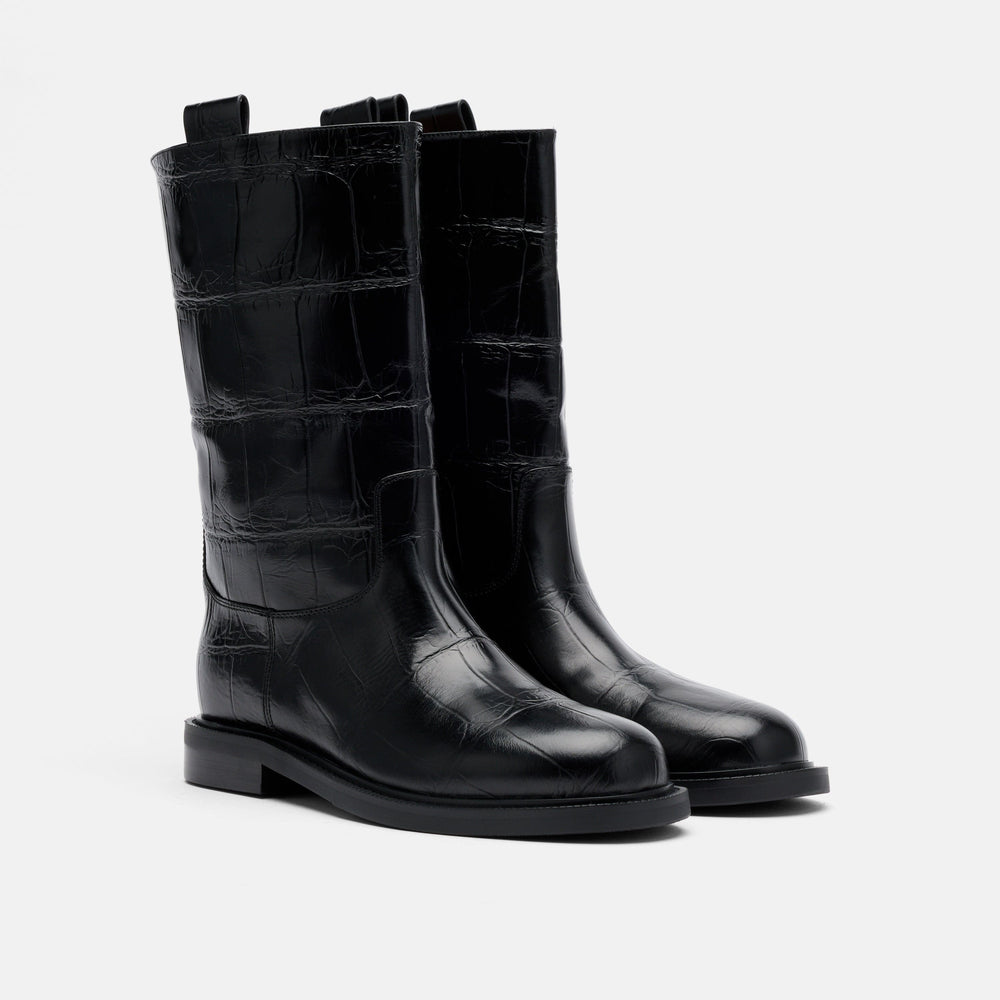 Blair Black Croc Leather Mid-Calf Riding Boots