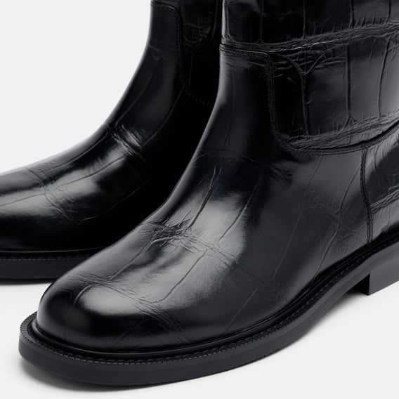 Blair Black Croc Leather Mid-Calf Riding Boots
