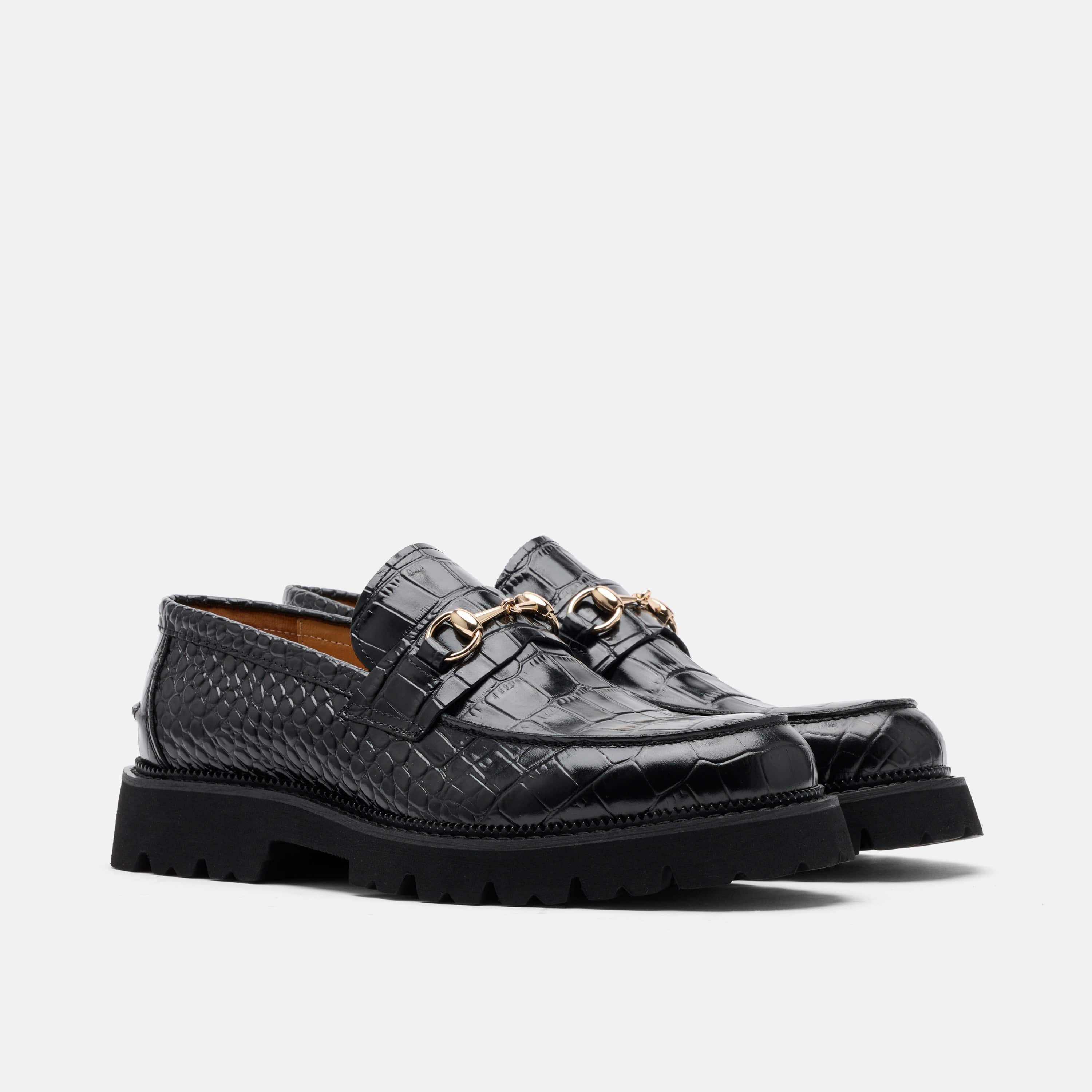 Blake Black Croc Leather Lug Bit Loafers