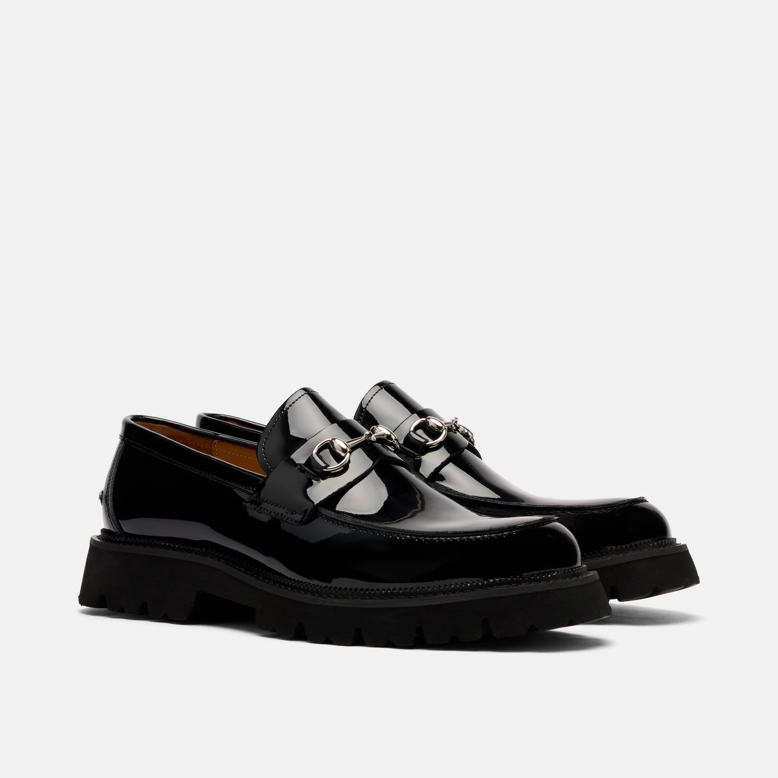 Blake Black Patent Leather Lug Bit Loafers