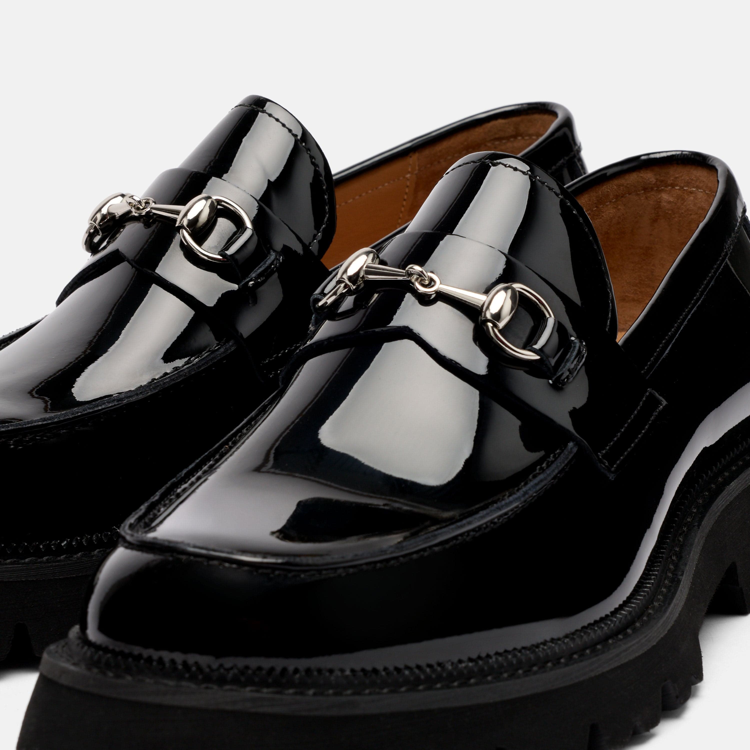 Blake Black Patent Leather Lug Bit Loafers