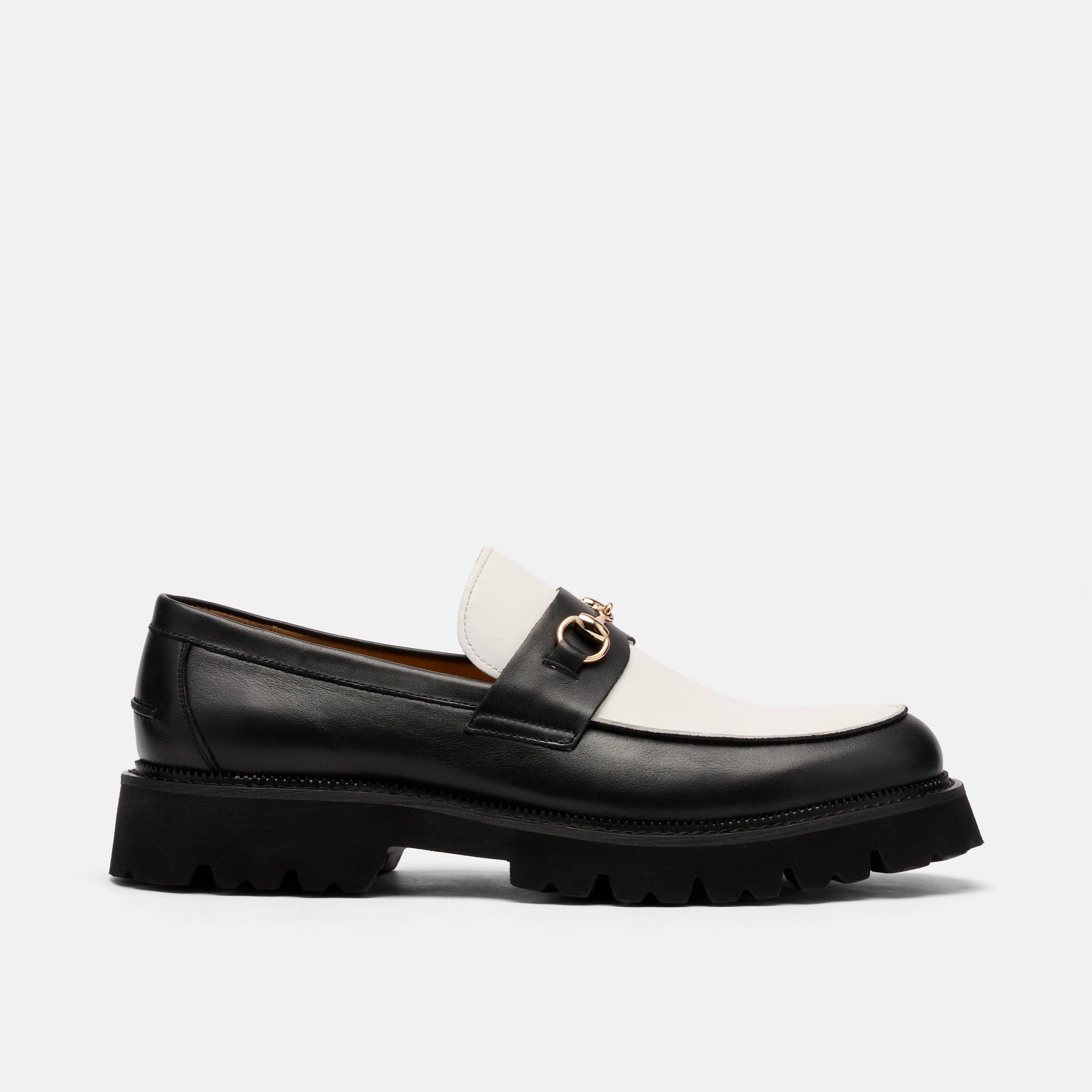 Blake Black/White Leather Lug Bit Loafers