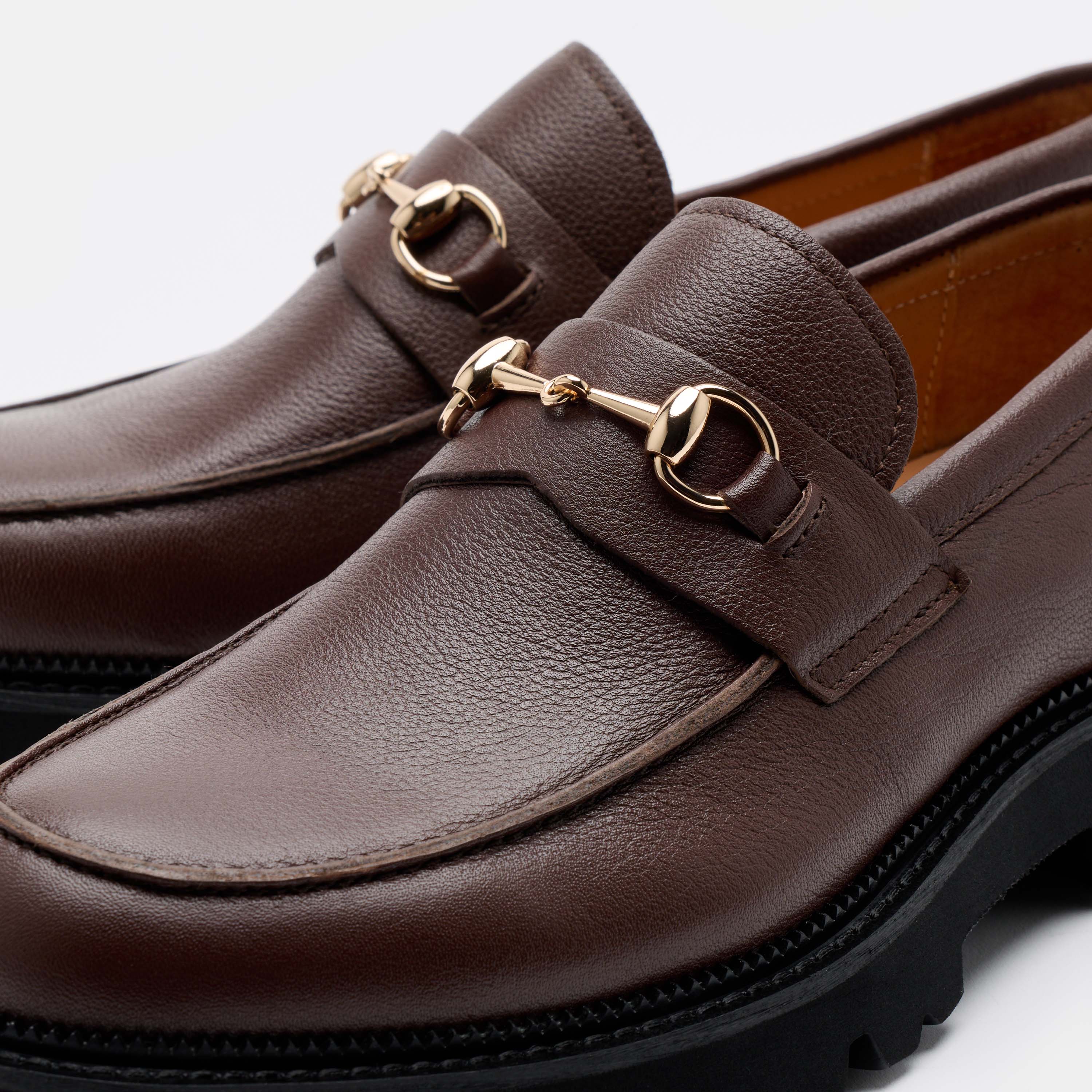 Blake Chocolate Pebble Leather Lug Bit Loafers