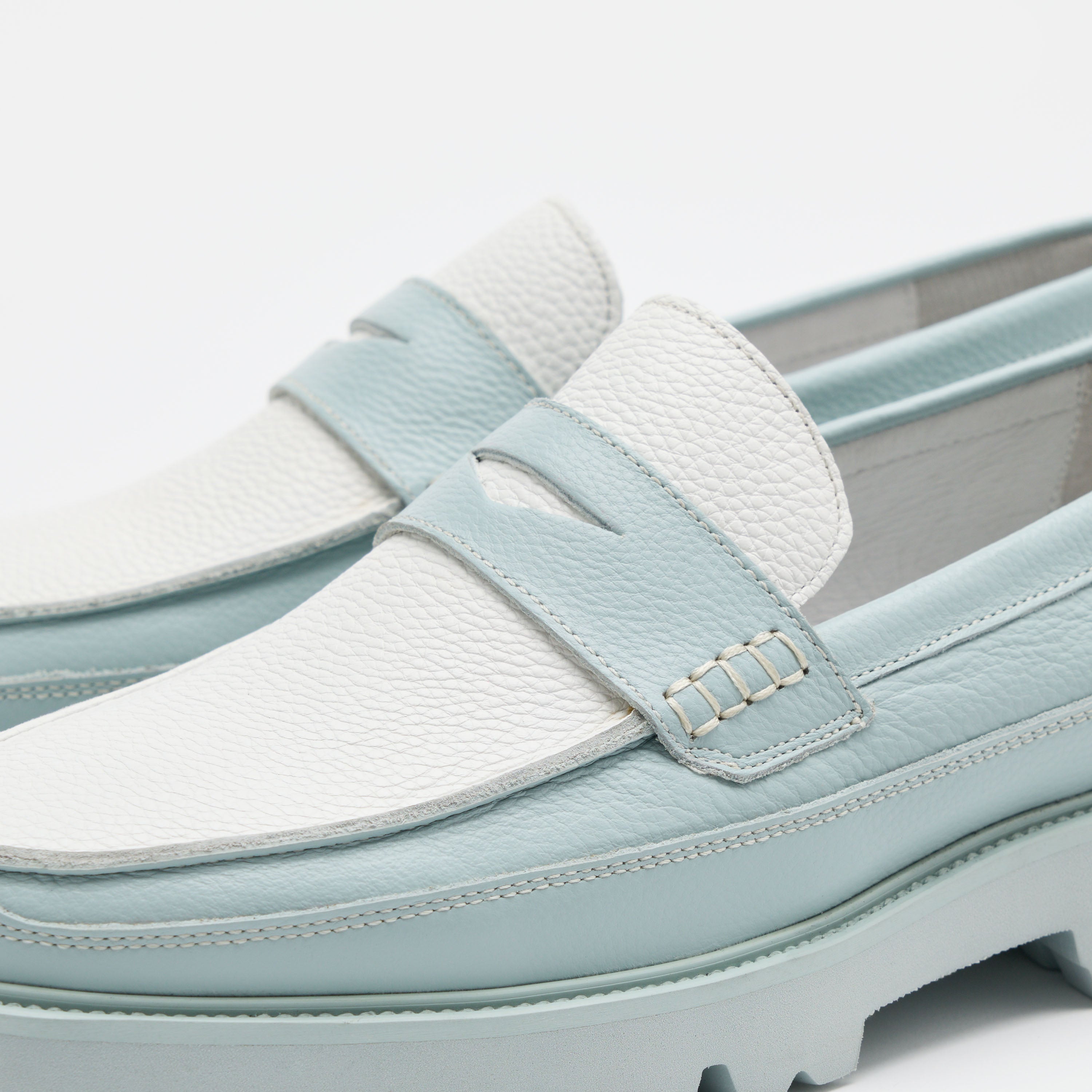 Adler Light Blue Leather Lug Penny Loafers