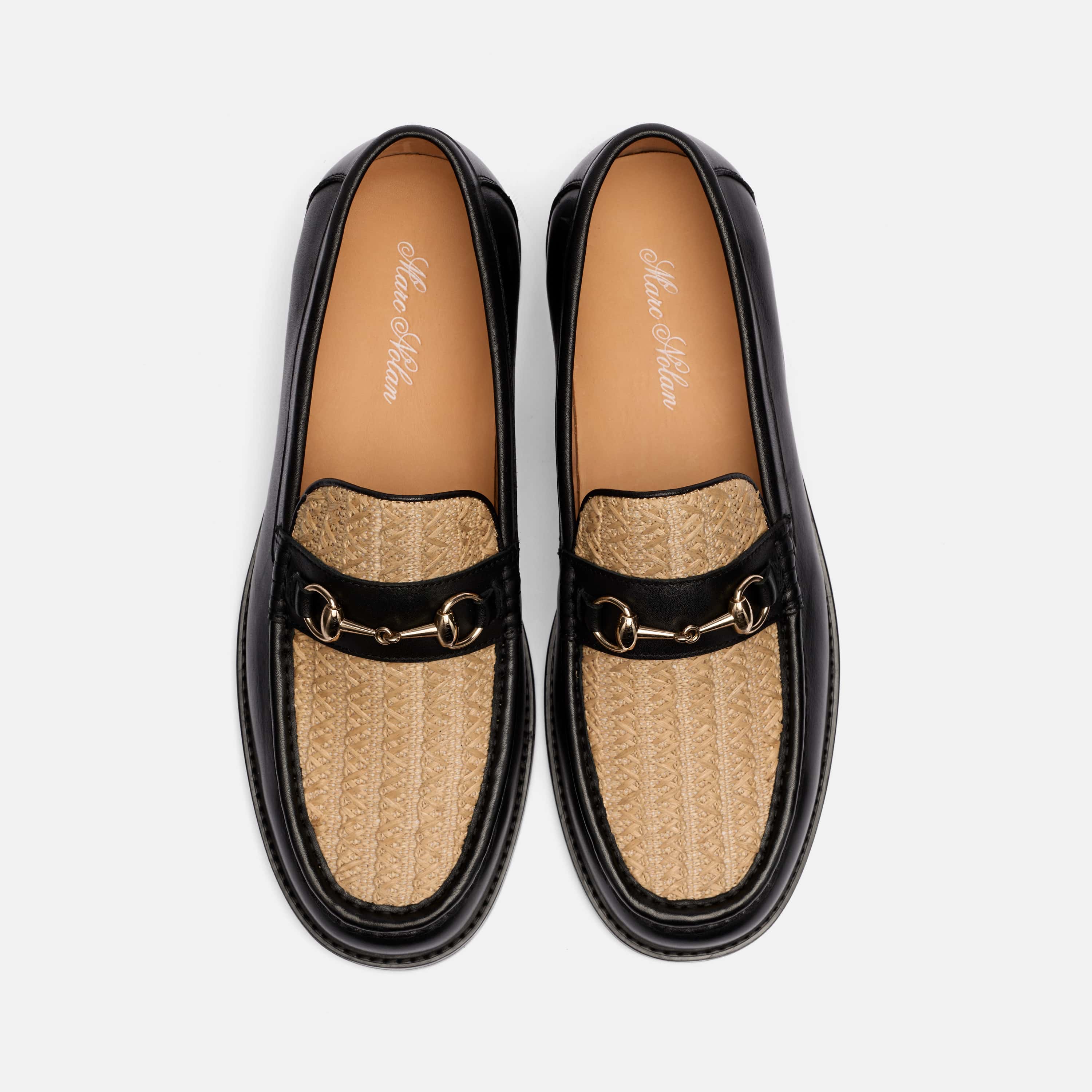 Boardwalk Black/Raffia Leather Horse-Bit Loafers