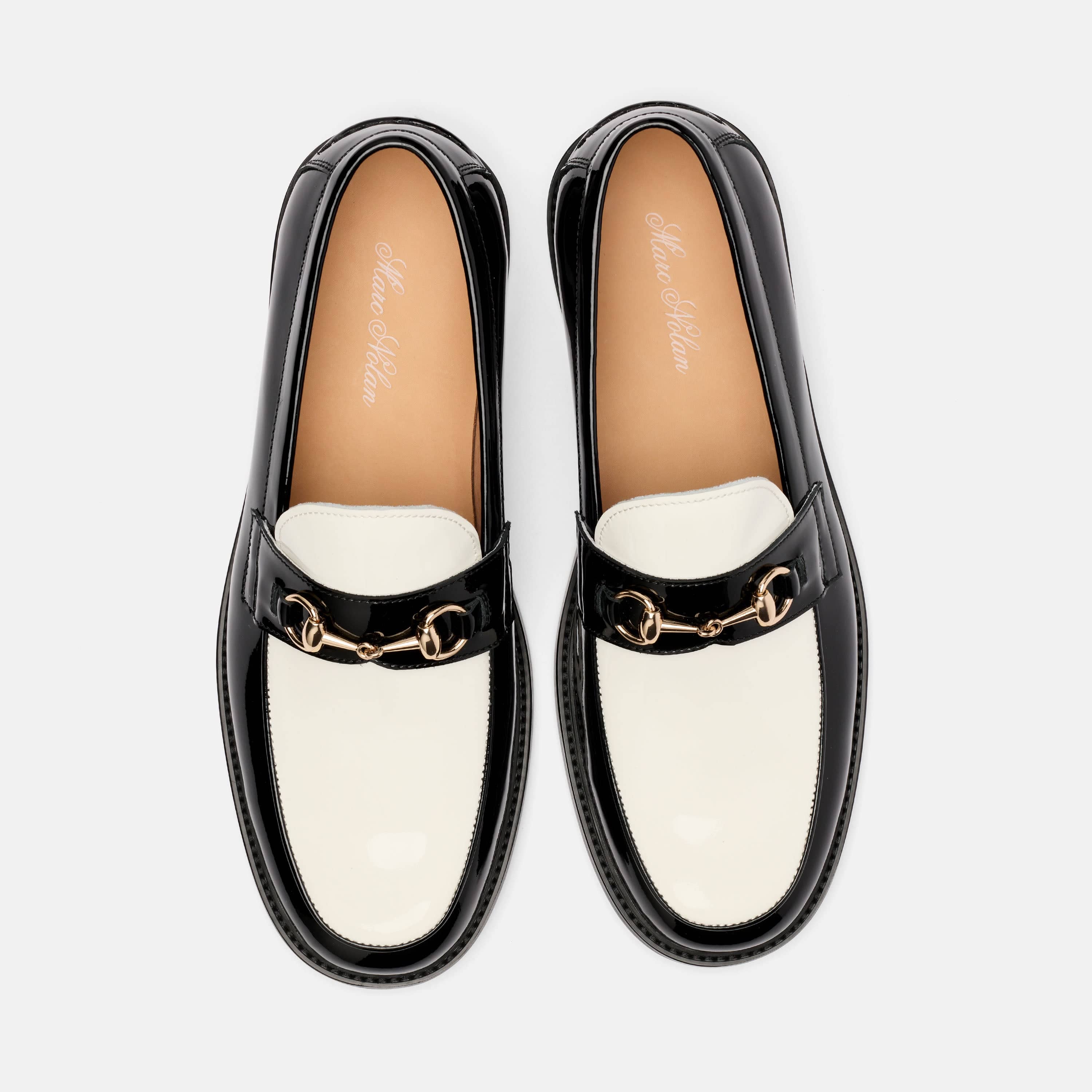 Boardwalk Black/White Patent Leather Horse-Bit Loafers