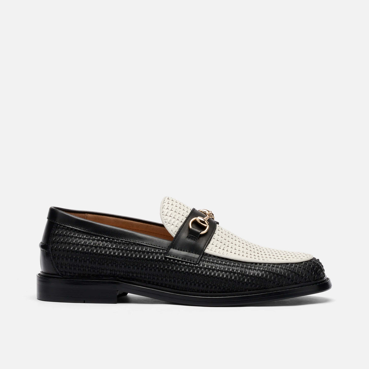 Boardwalk Black White Woven Leather Horse Bit Loafers