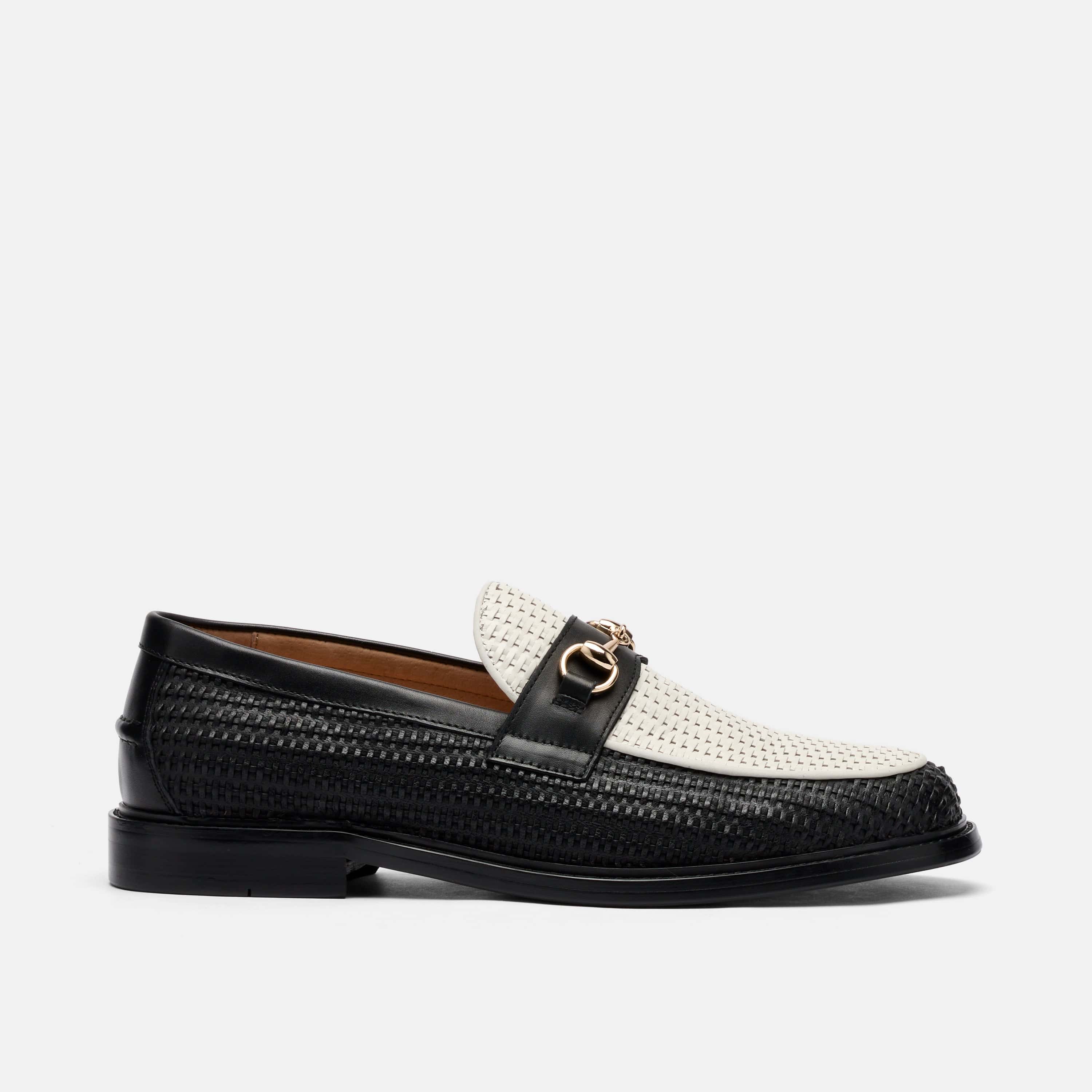 Boardwalk Black/White Woven Leather Horse-Bit Loafers