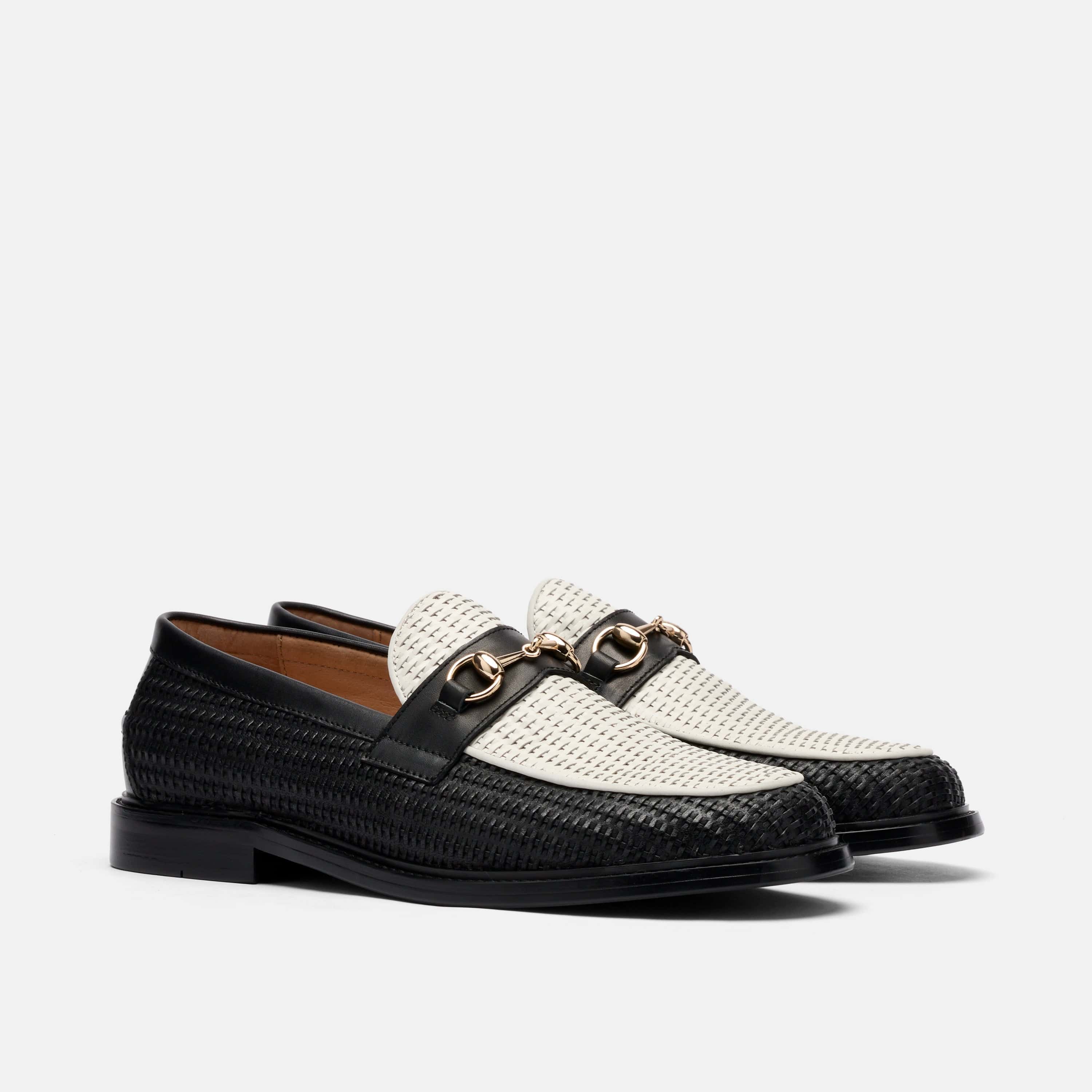 Boardwalk Black/White Woven Leather Horse-Bit Loafers