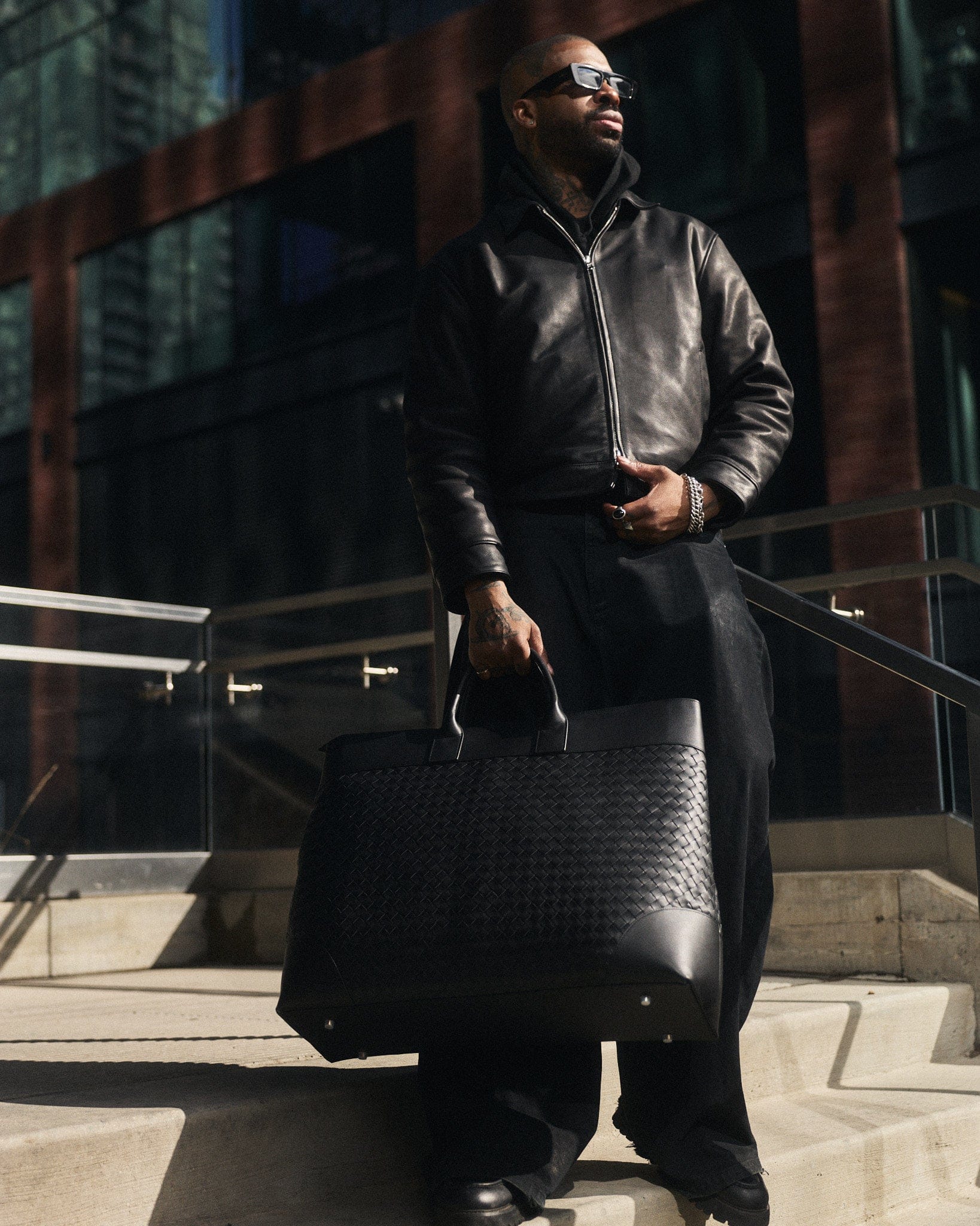 Marc Nolan Large Woven Leather Weekender - Black