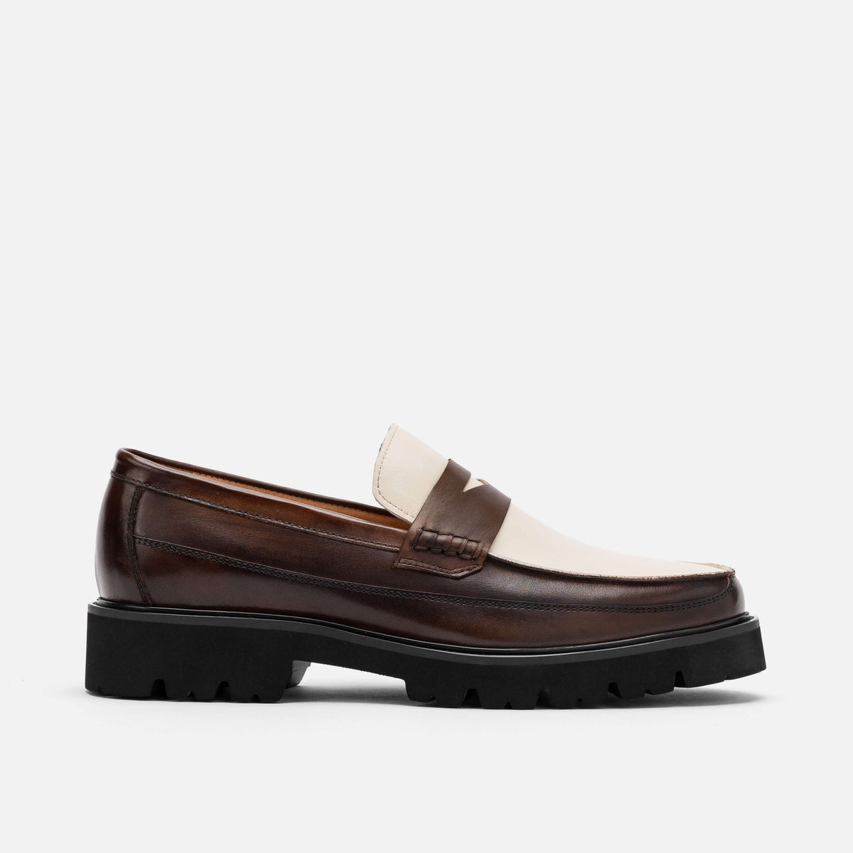 Adler Brown White Leather Lug Penny Loafers