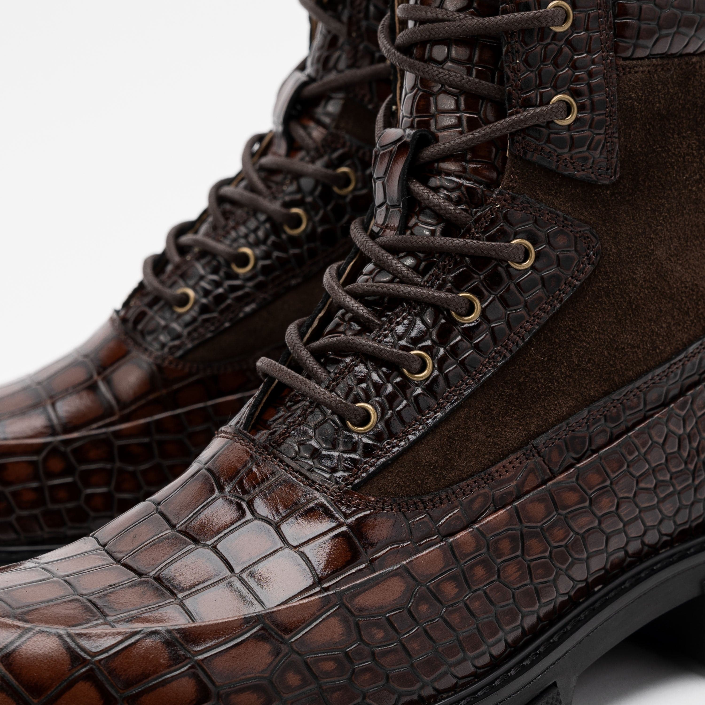 Otis Brown Crocskin Leather Combat Boots