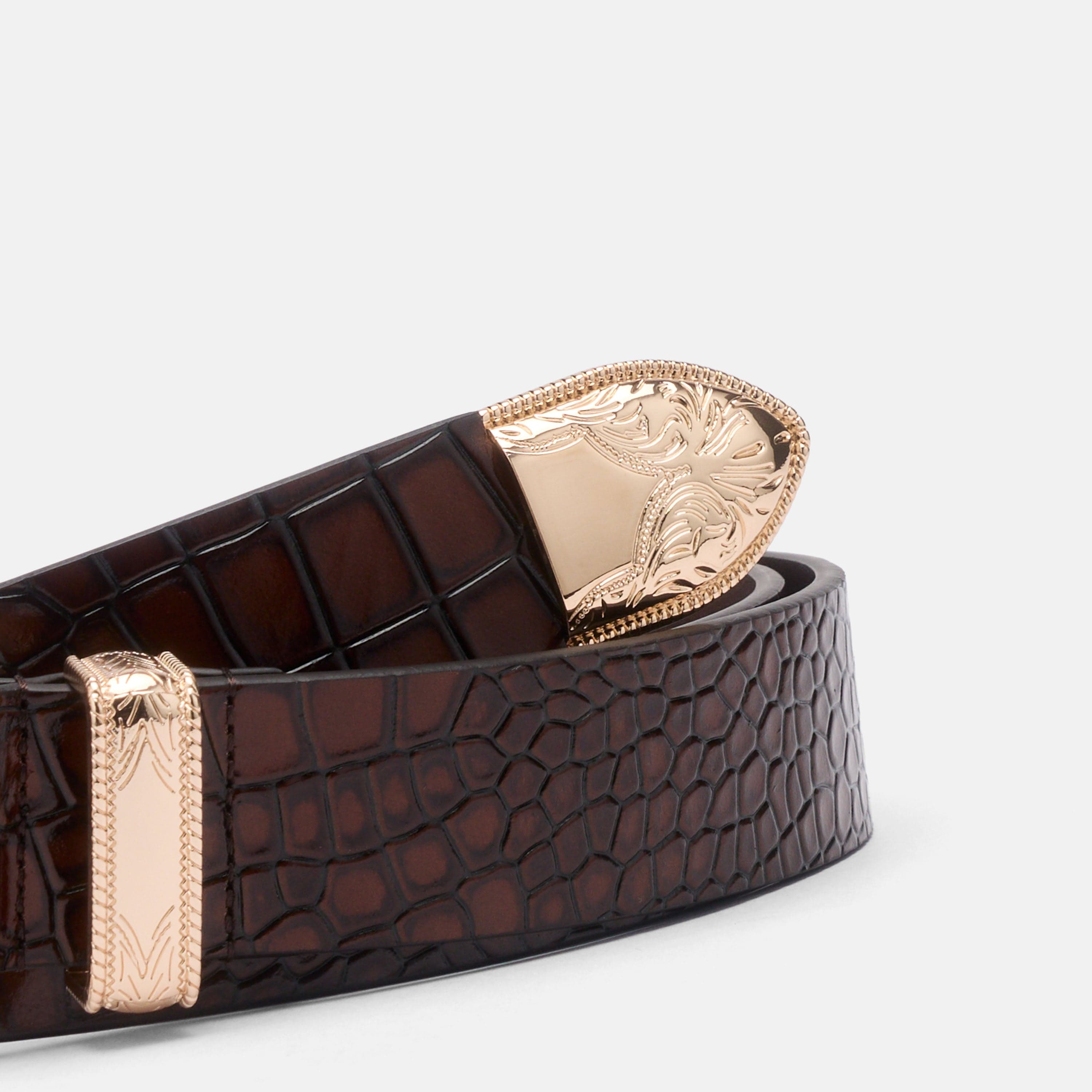 Marc Nolan Leather Belt - Brown Crocskin