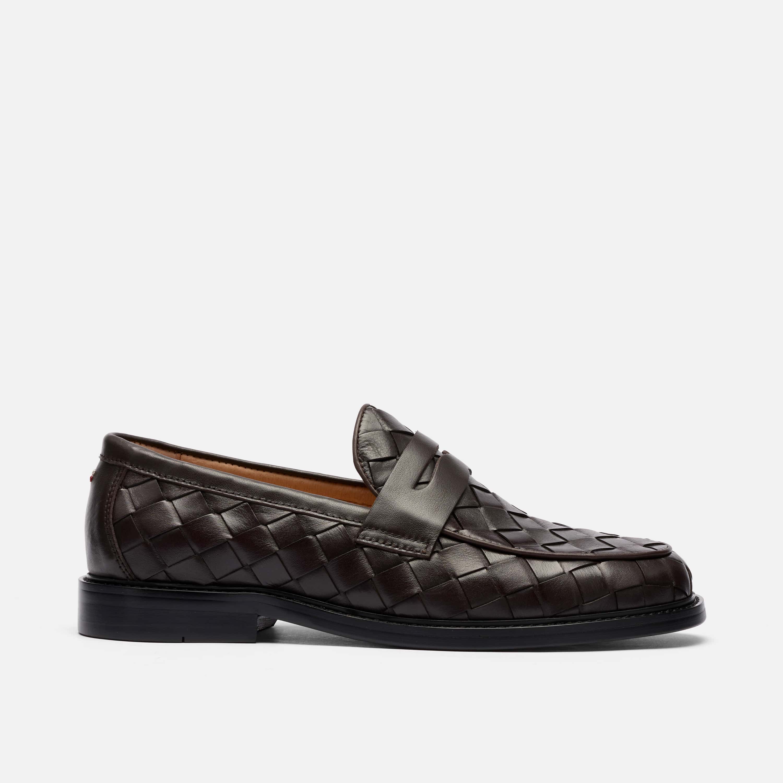 Calum Espresso Woven Leather Penny Loafers