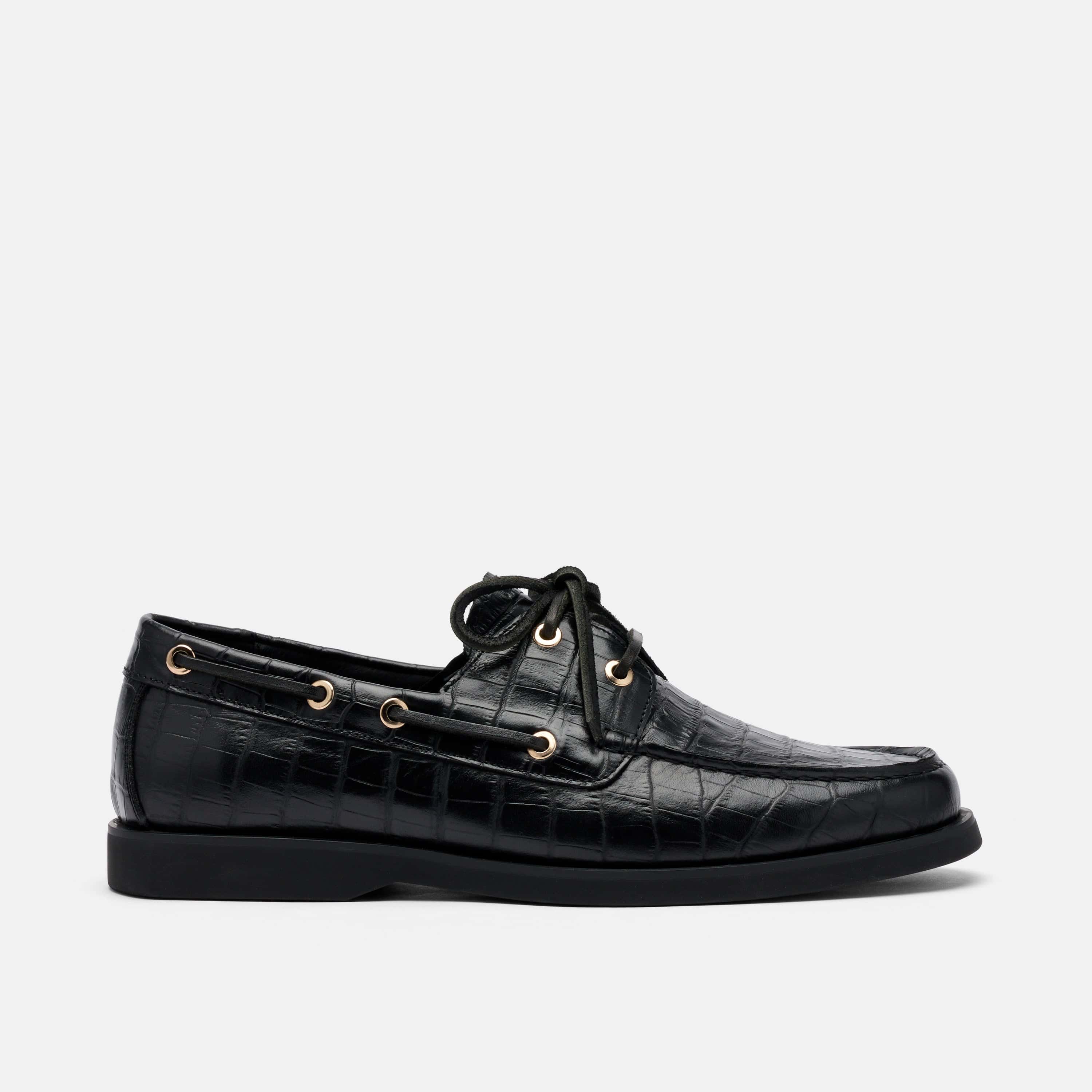 Capri Black Croc Leather Boat Shoes