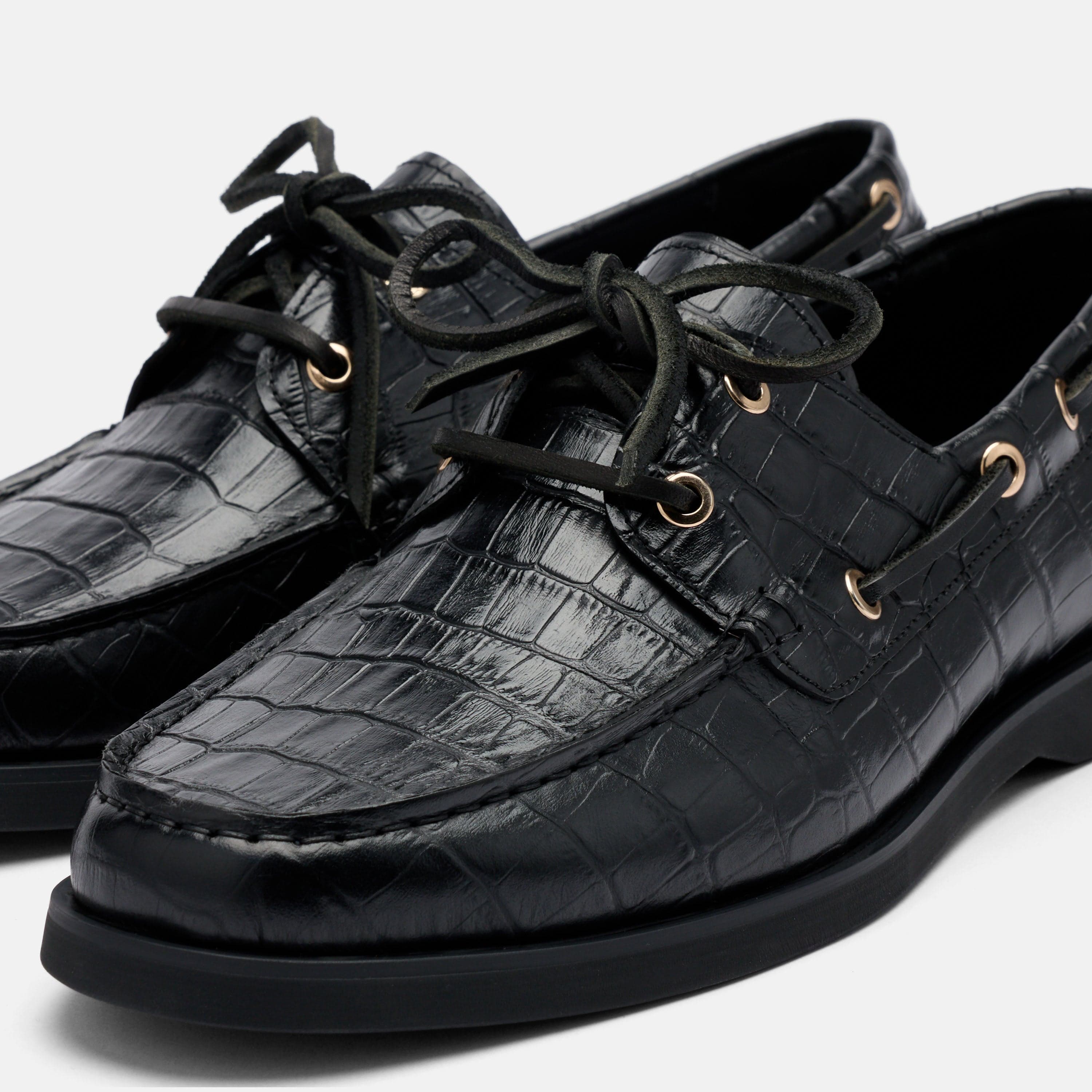 Capri Black Croc Leather Boat Shoes