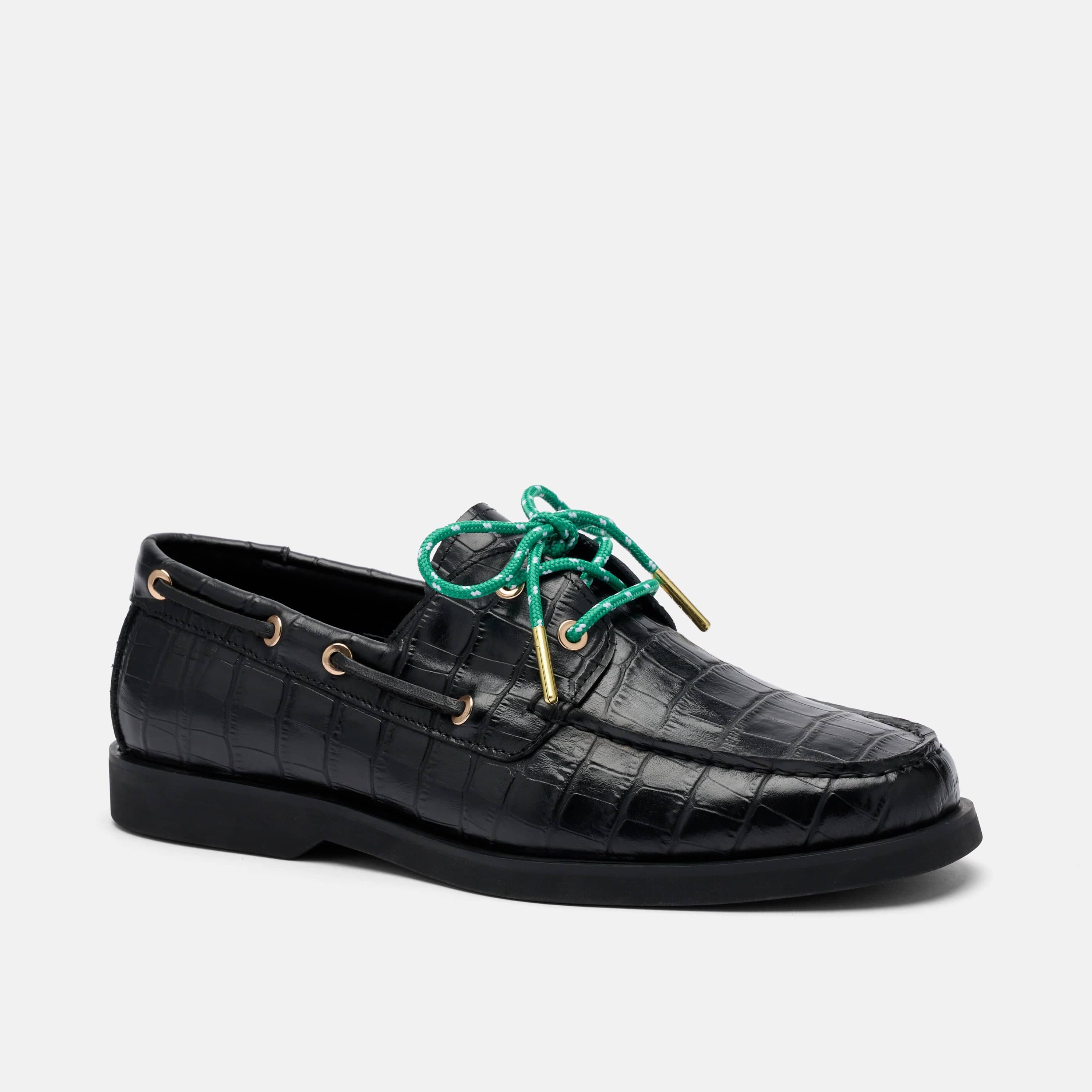 Capri Black Croc Leather Boat Shoes