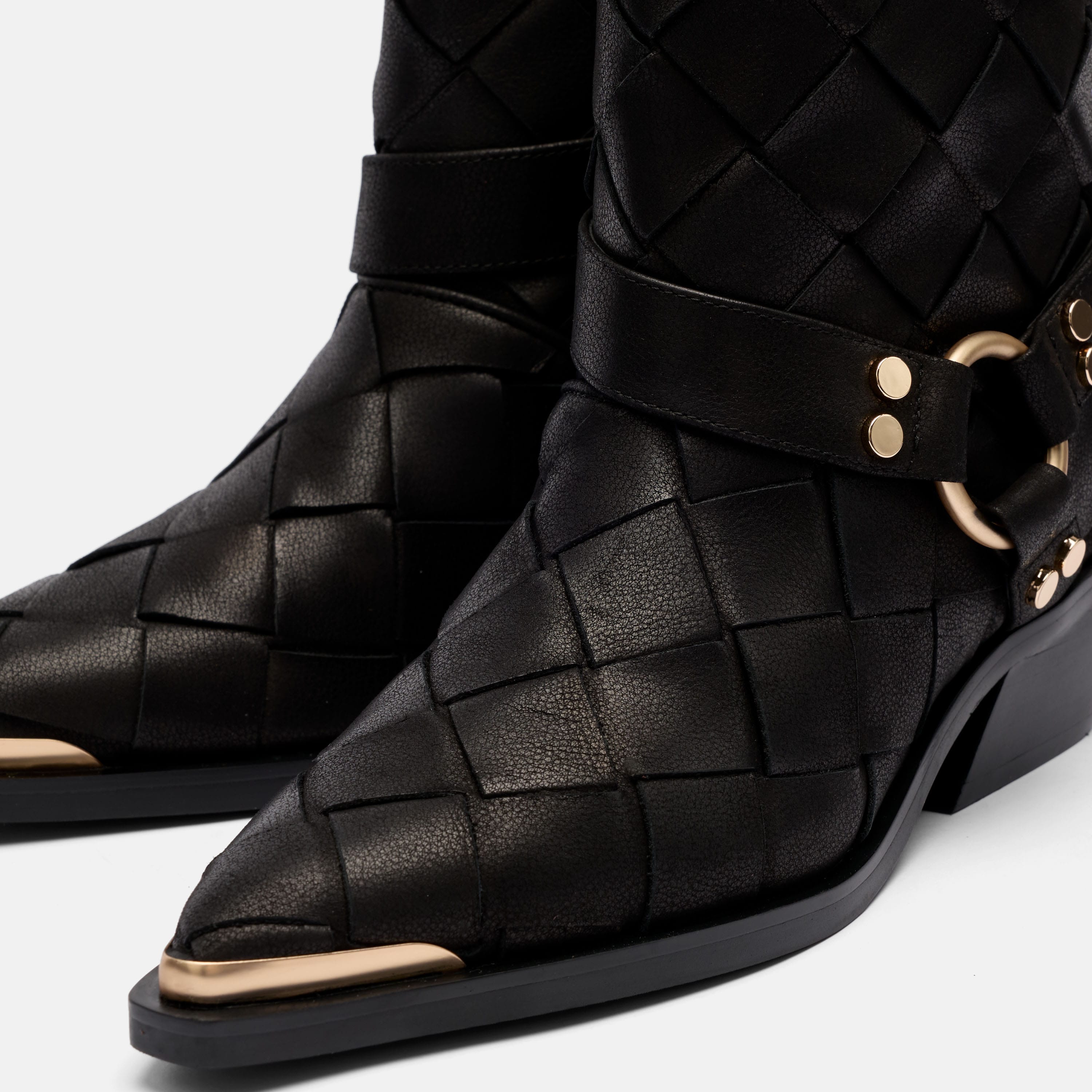 Cassidy Black Woven Leather Harness Ankle Boot
