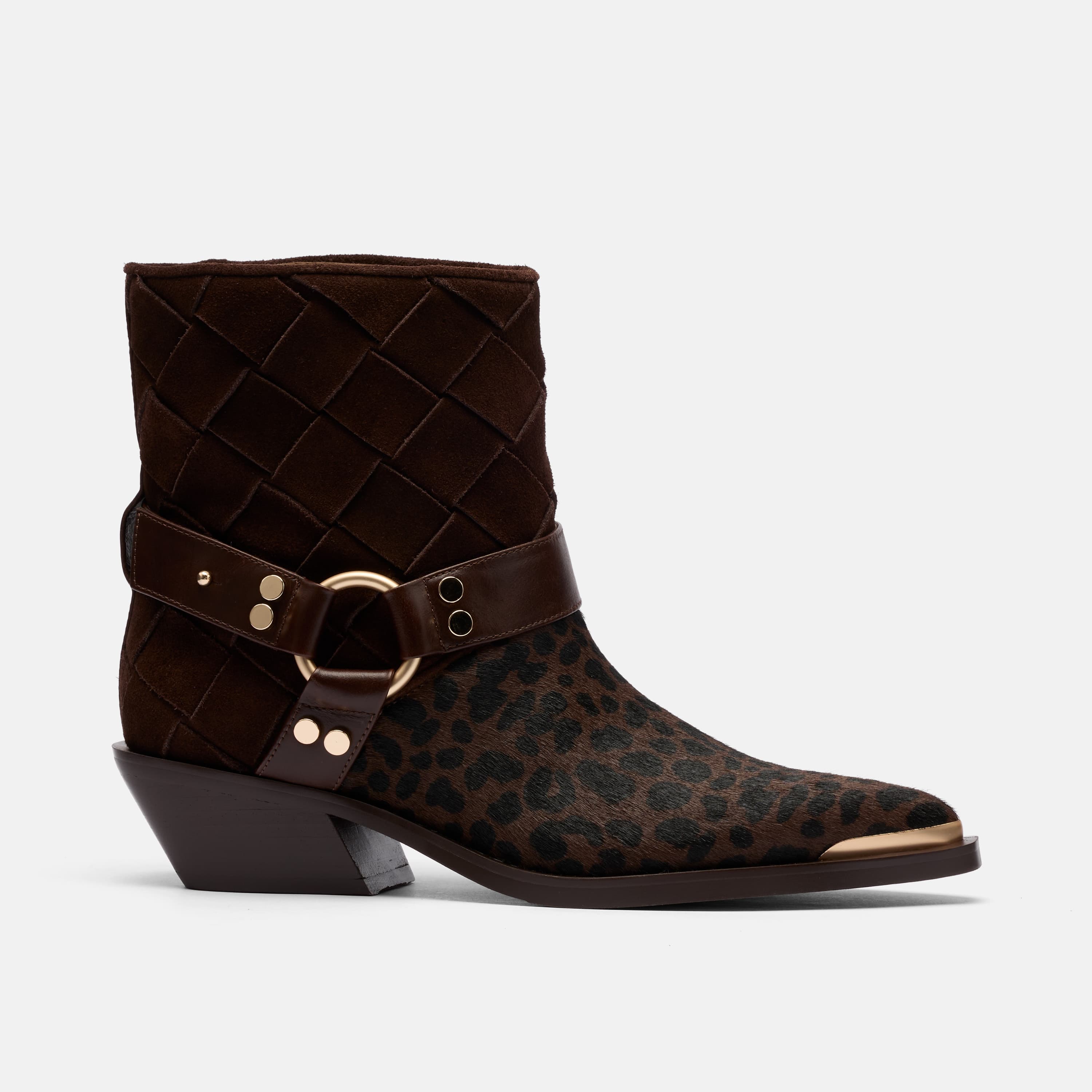 Cassidy Brown Woven / Leopard Harness Ankle Boot
