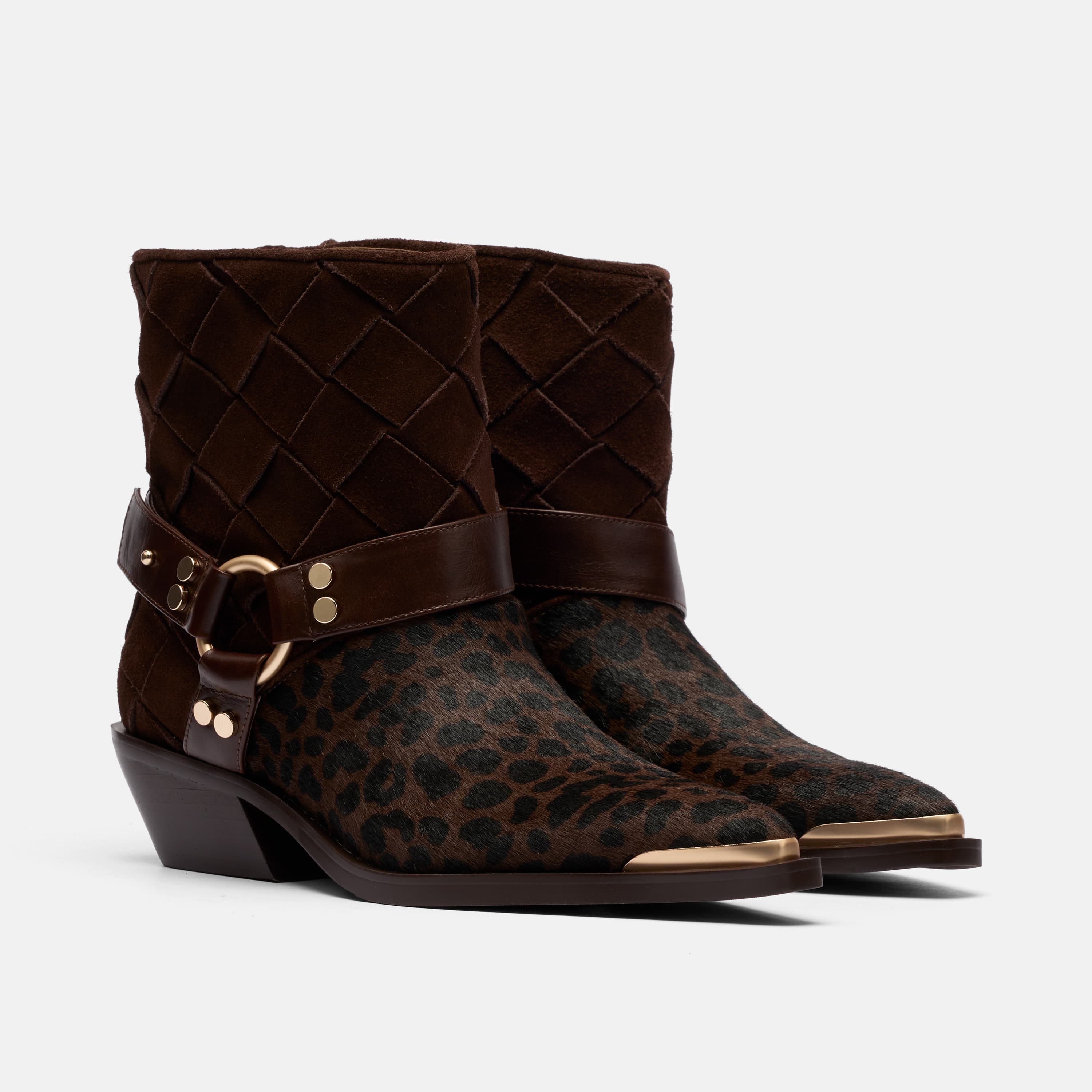 Cassidy Brown Woven / Leopard Harness Ankle Boot