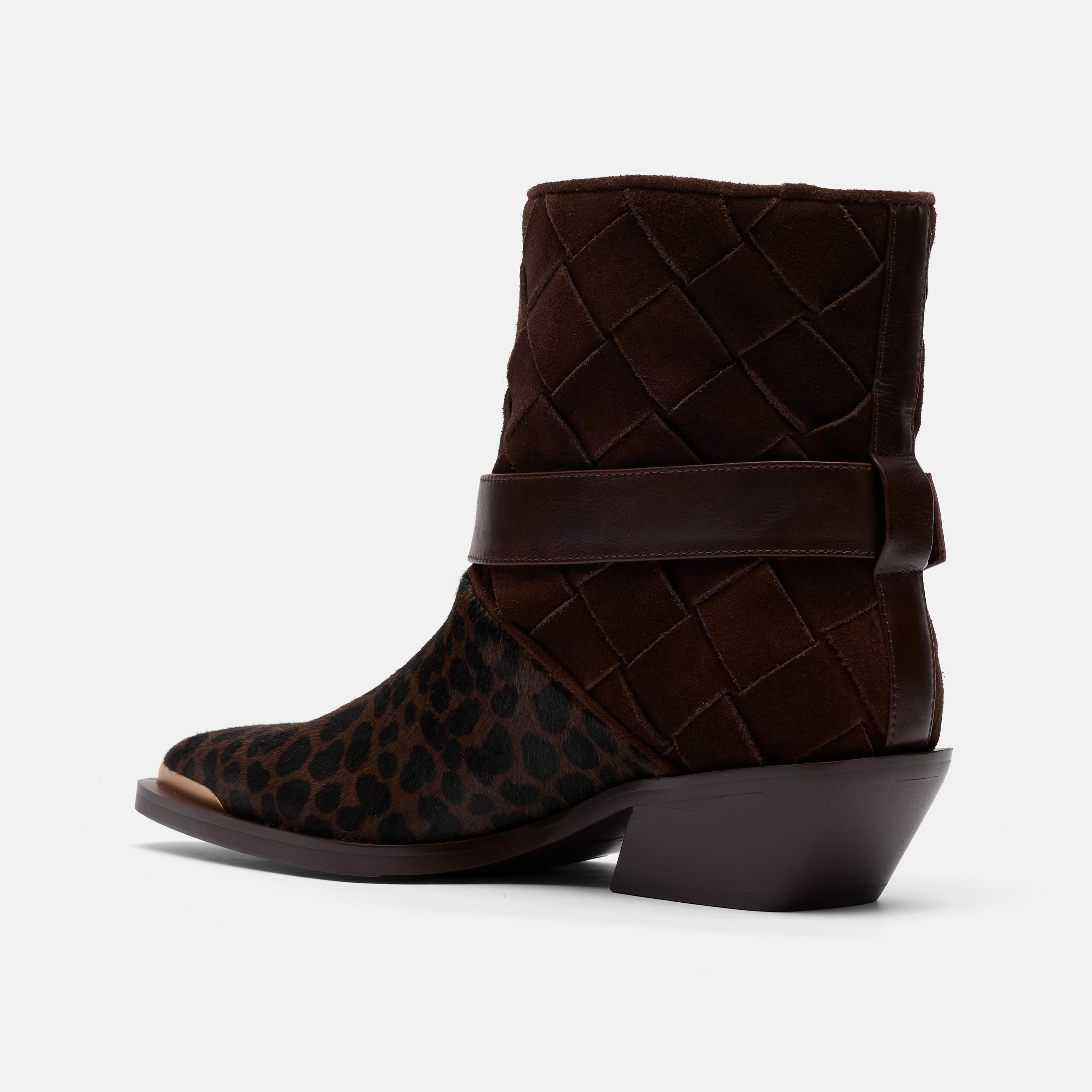 Cassidy Brown Woven / Leopard Harness Ankle Boot