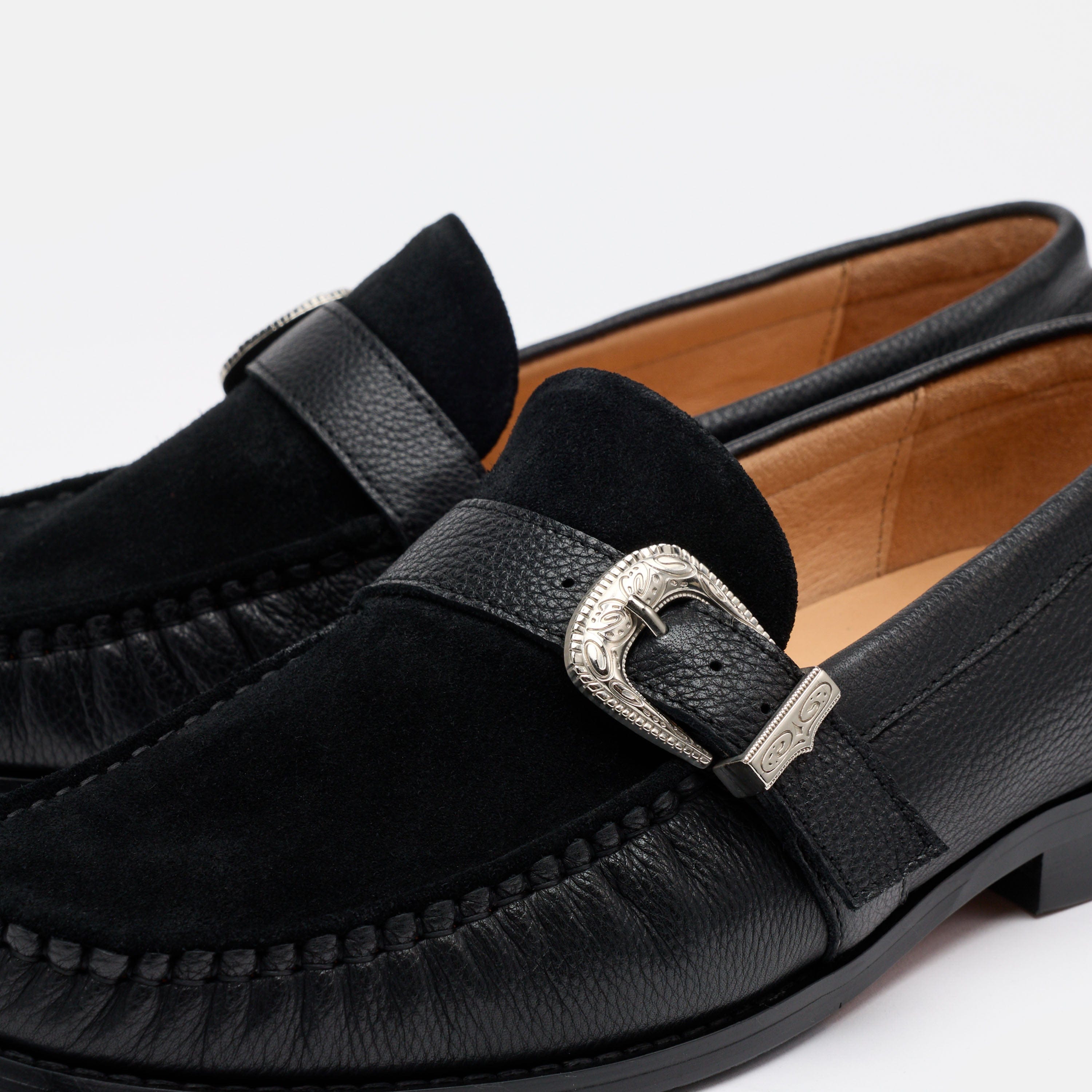 Cato Black Leather Buckle Loafers