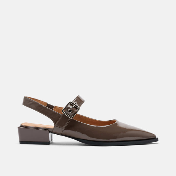 Chelsea Taupe Patent Leather Slingback Block Heels - Leather