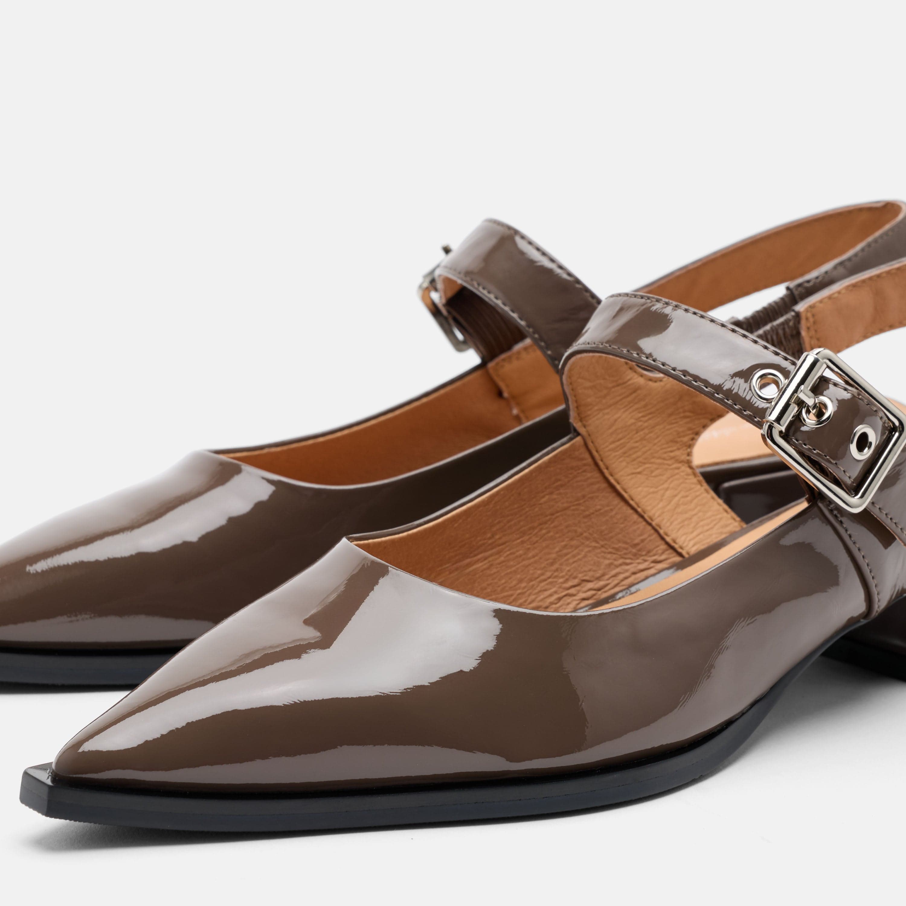 Chelsea Taupe Patent Leather Slingback Block Heels