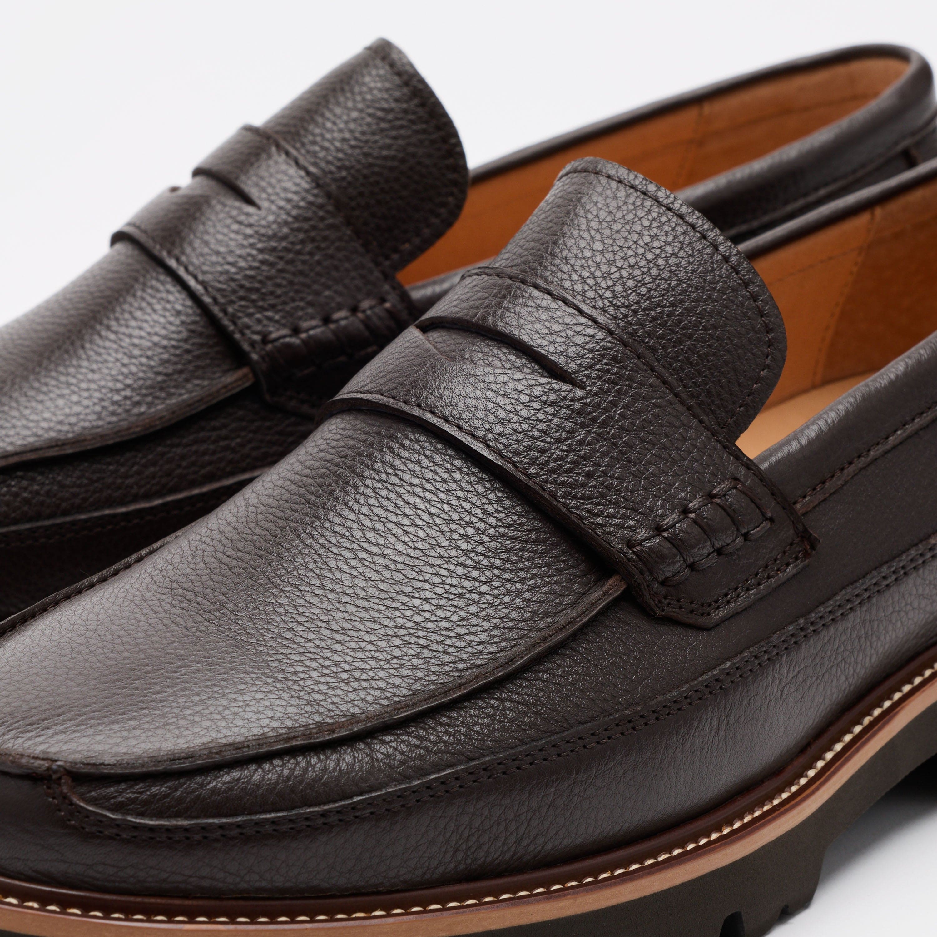 Adler Chocolate Brown Pebble Leather Lug Penny Loafers