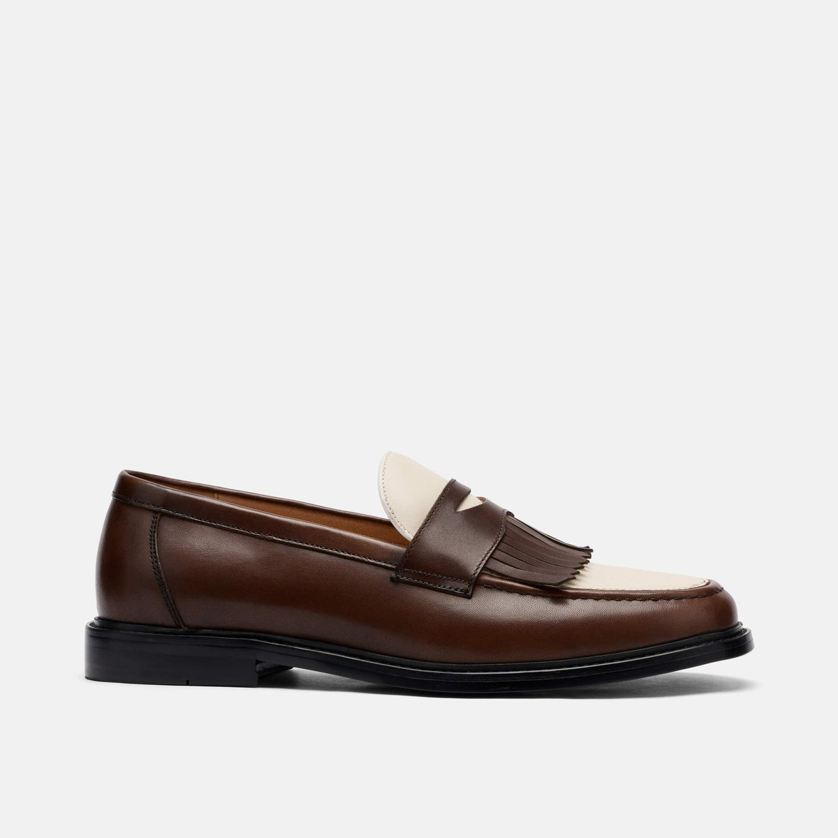 Clint Brown White Leather Kiltie Loafers