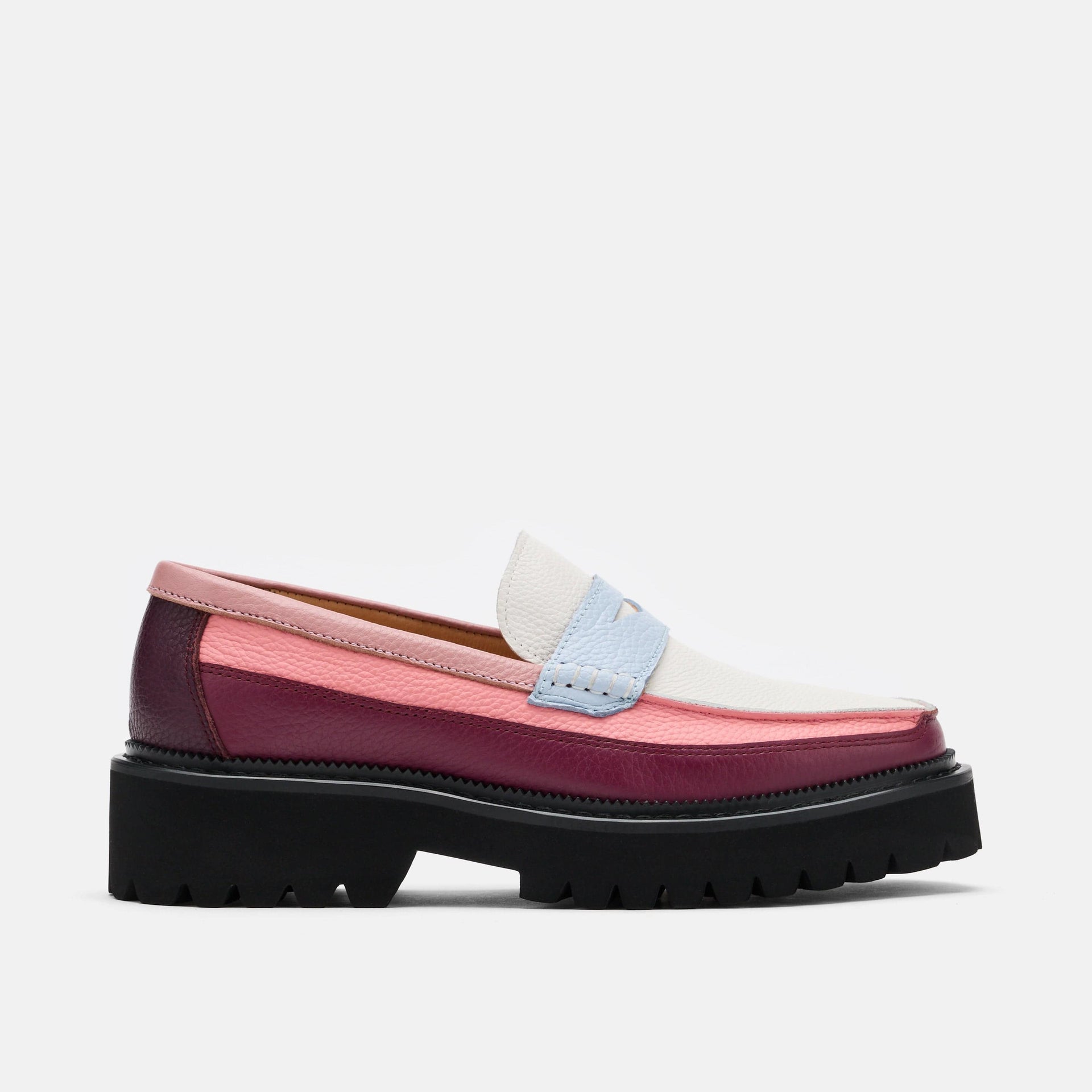 Ms. Adler Colorblock Pink Burgundy Blue Leather Lug Penny Loafers