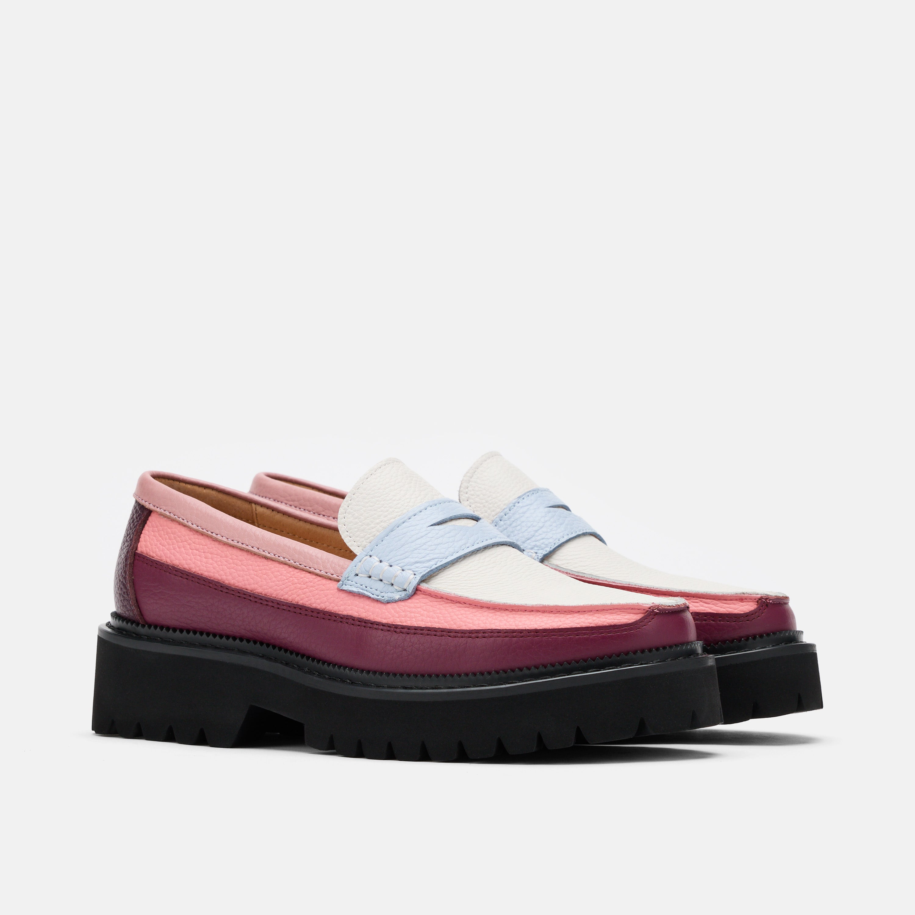 Ms. Adler Colorblock Pink/Burgundy/Blue Leather Lug Penny Loafers