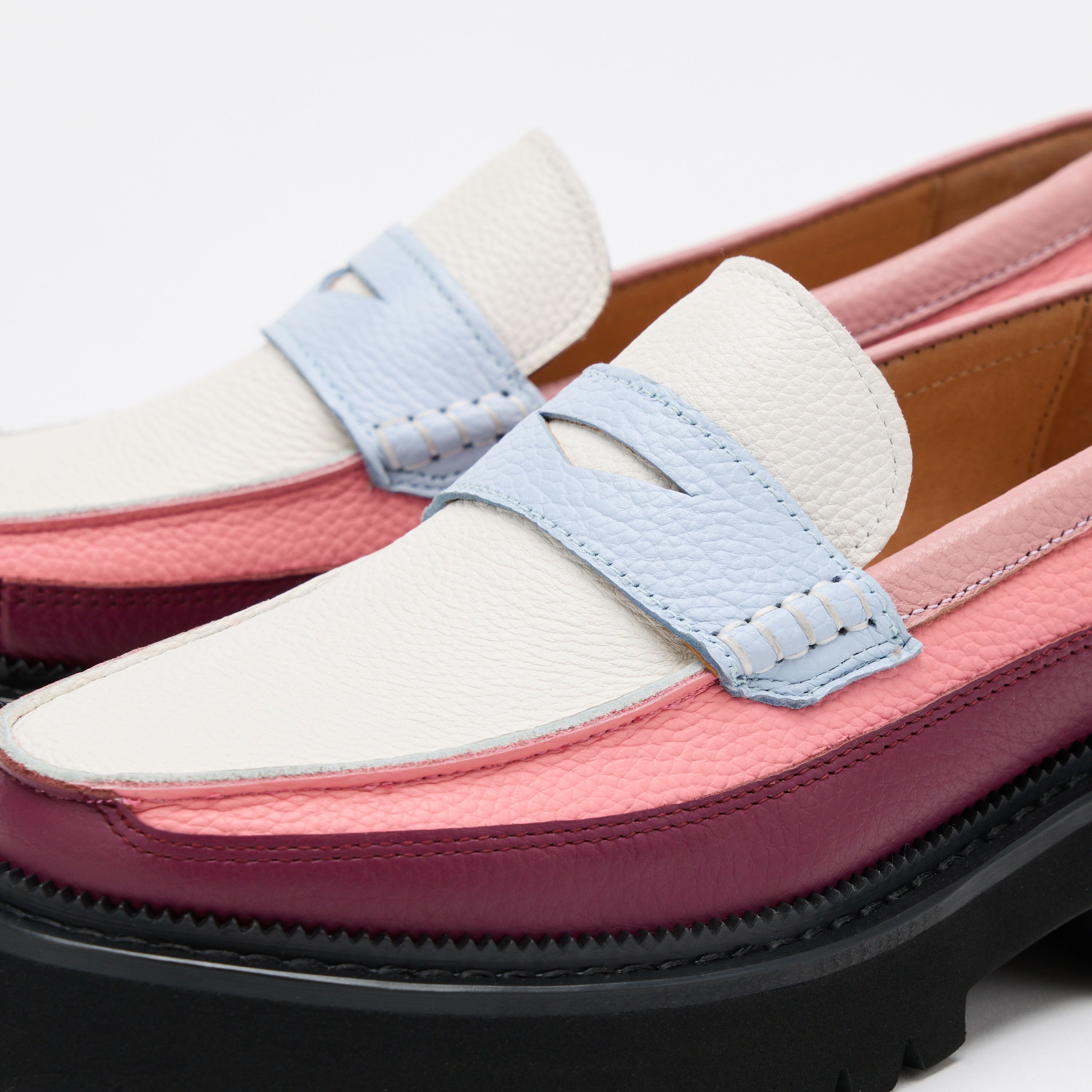 Ms. Adler Colorblock Pink/Burgundy/Blue Leather Lug Penny Loafers