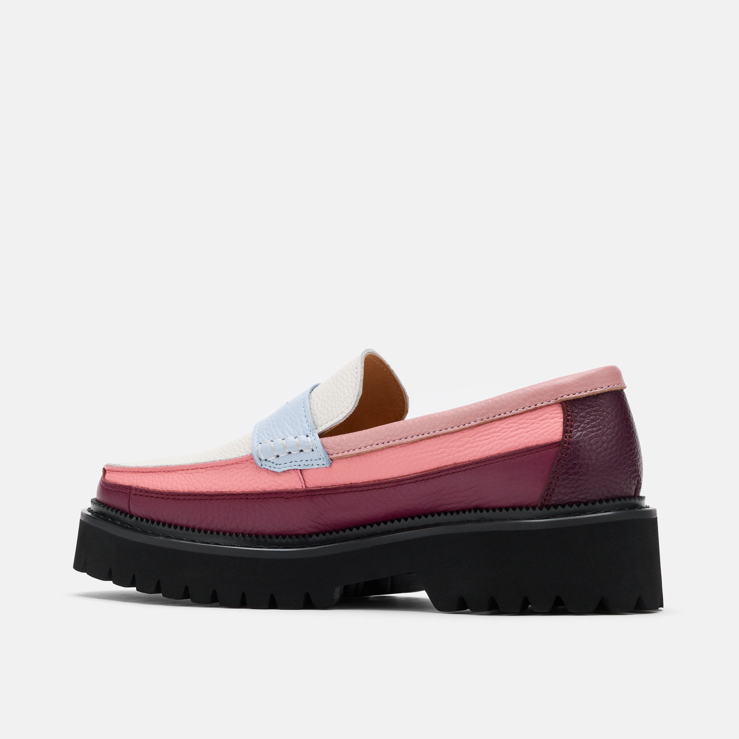 Ms. Adler Colorblock Pink/Burgundy/Blue Leather Lug Penny Loafers