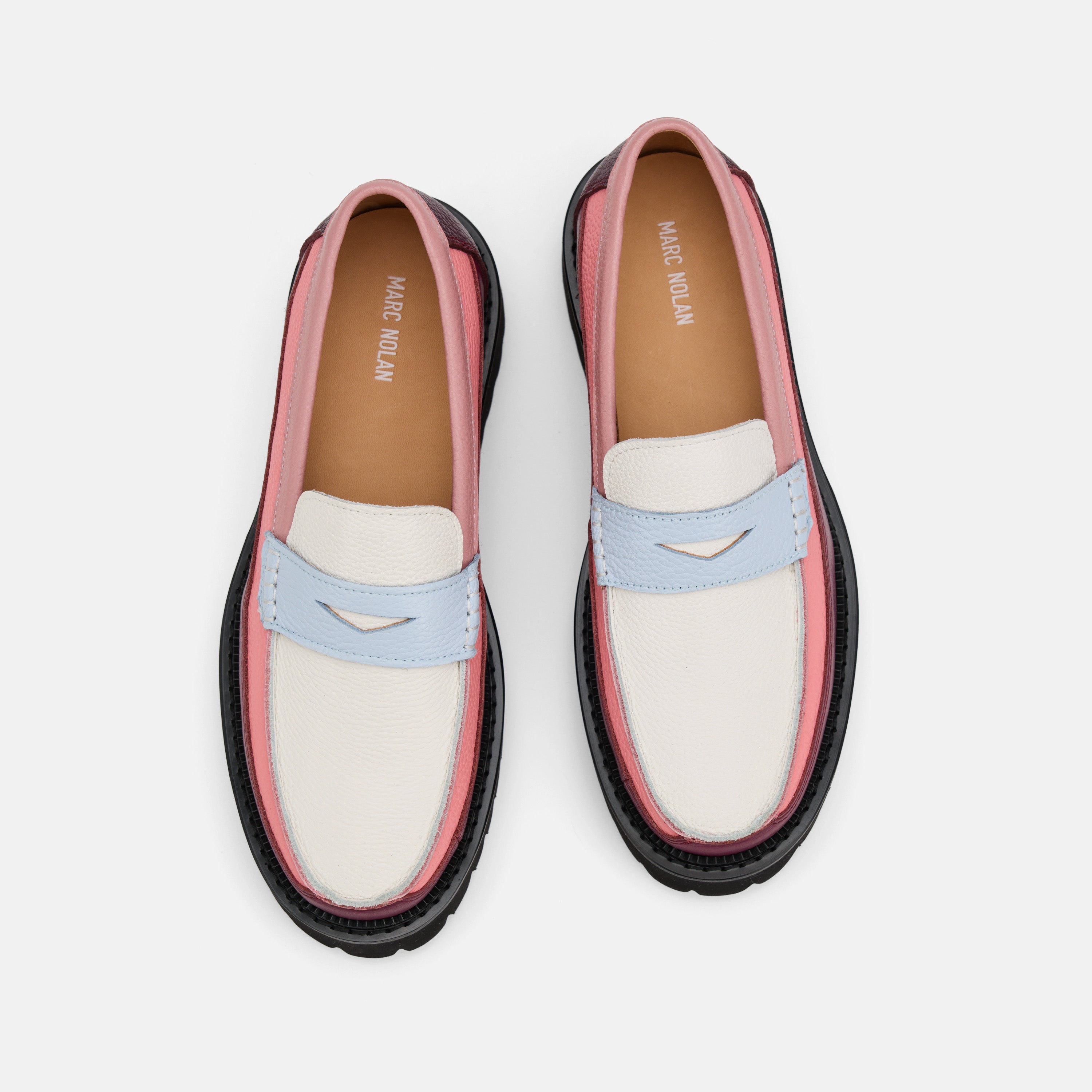 Ms. Adler Colorblock Pink/Burgundy/Blue Leather Lug Penny Loafers