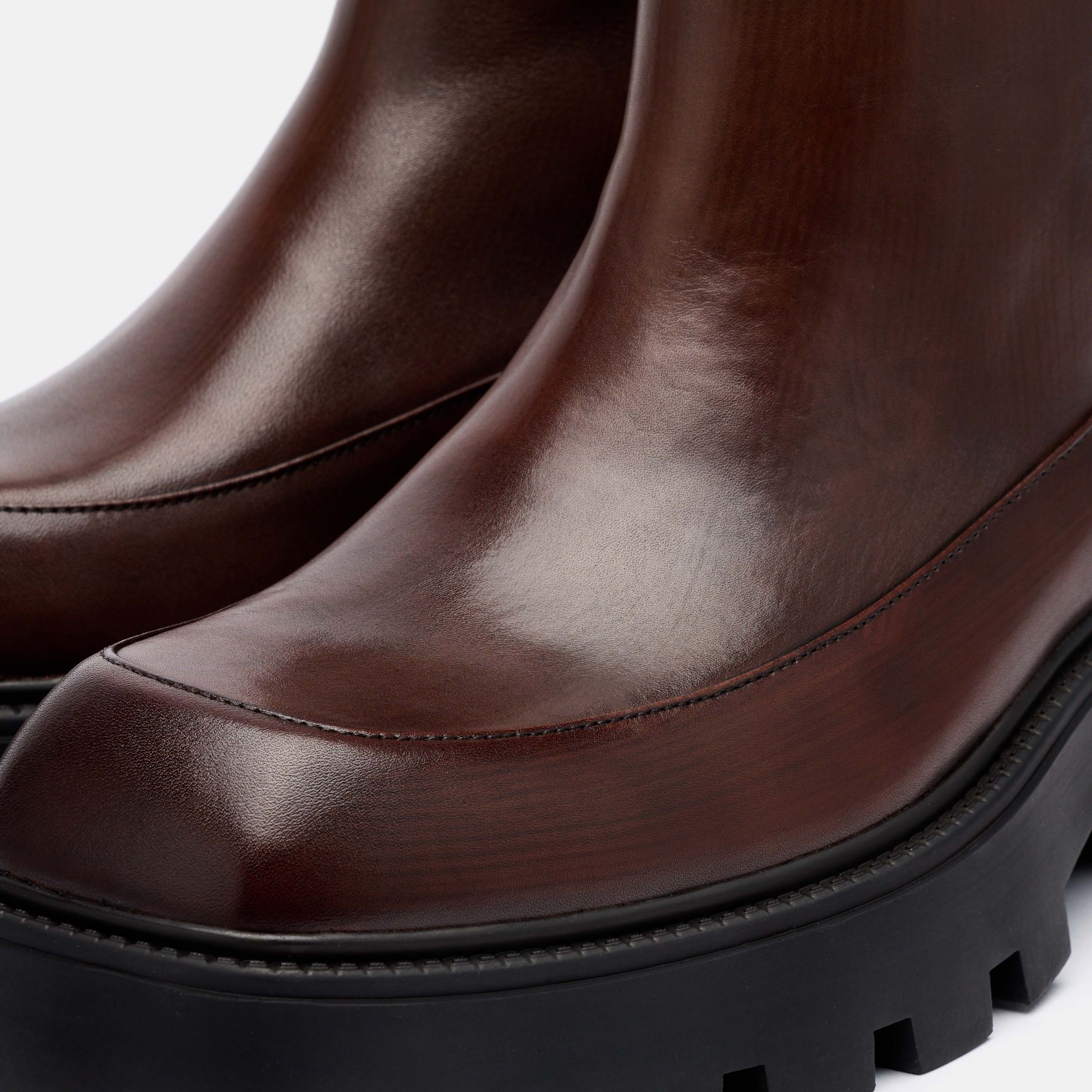 Commander Brown Burnished Leather Square Toe Side Zip Boots