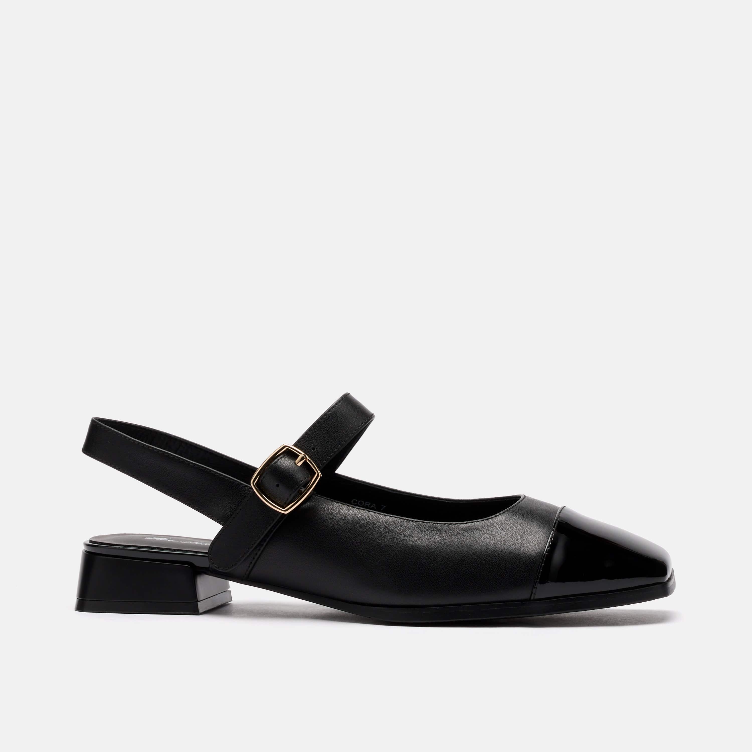Cora Black Leather Mary Jane Lug Slingbacks