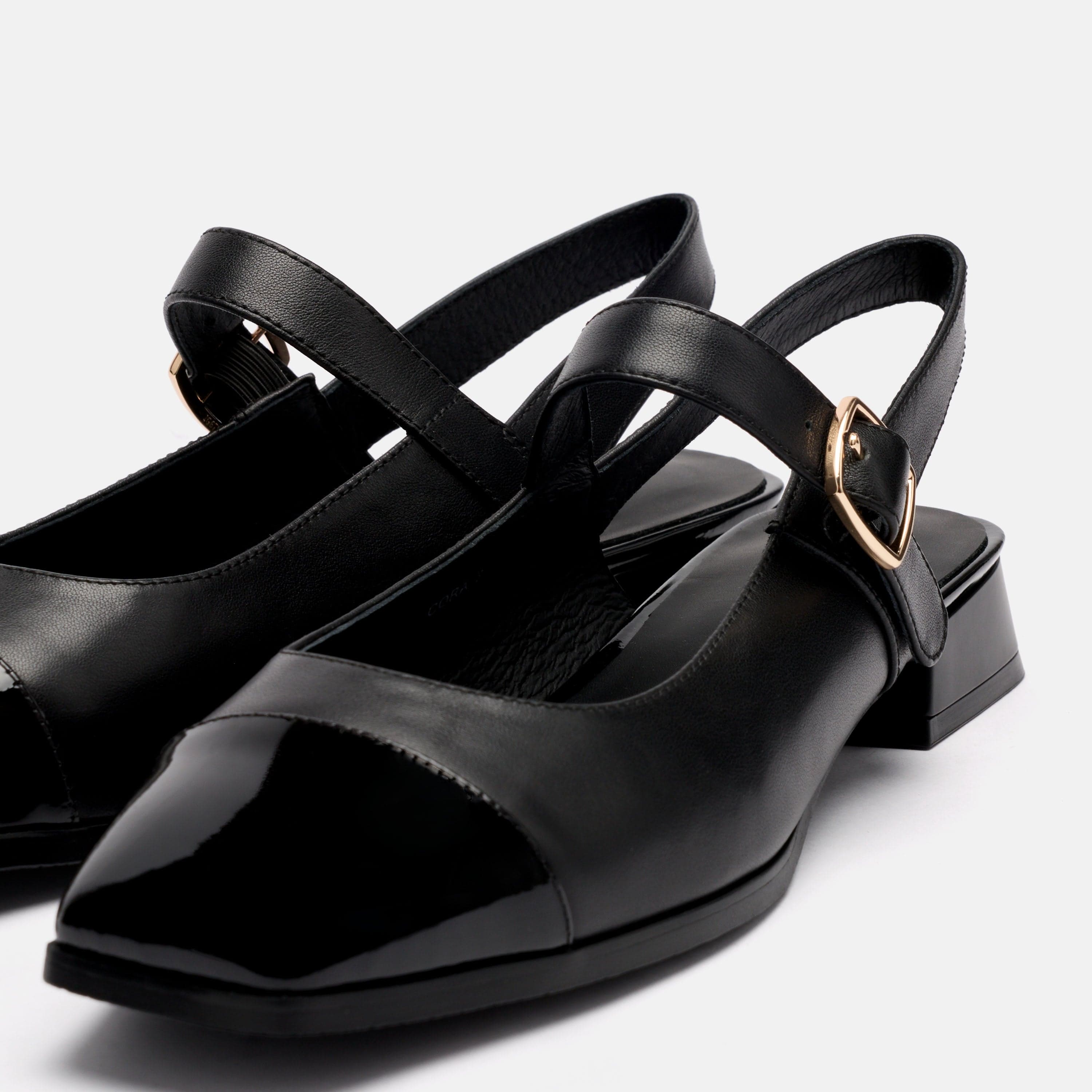 Cora Black Leather Mary Jane Lug Slingbacks