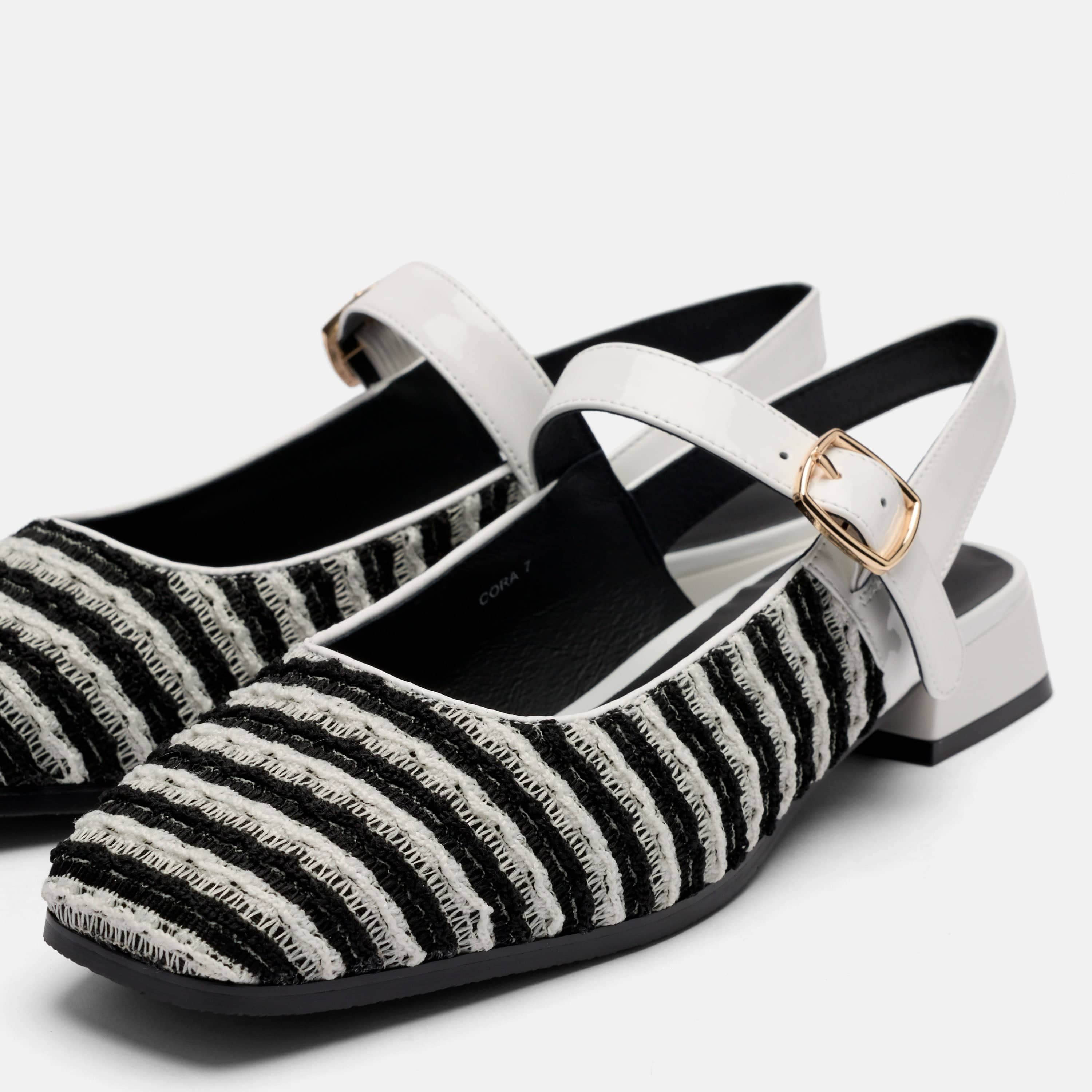 Cora White/Black Leather Mary Jane Lug Slingbacks