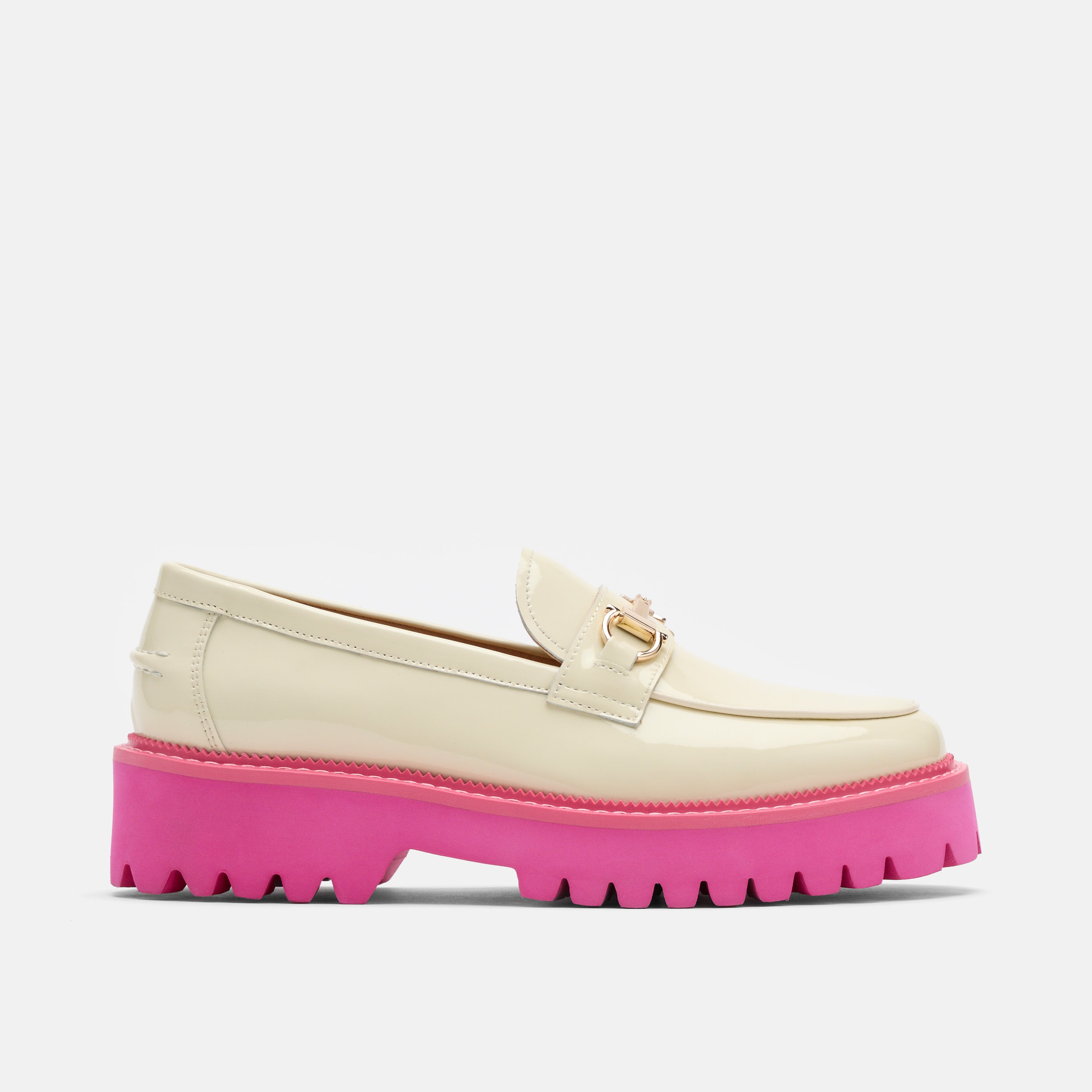 Ms. Boulevard Cream/Pink Patent Leather Bit Loafers