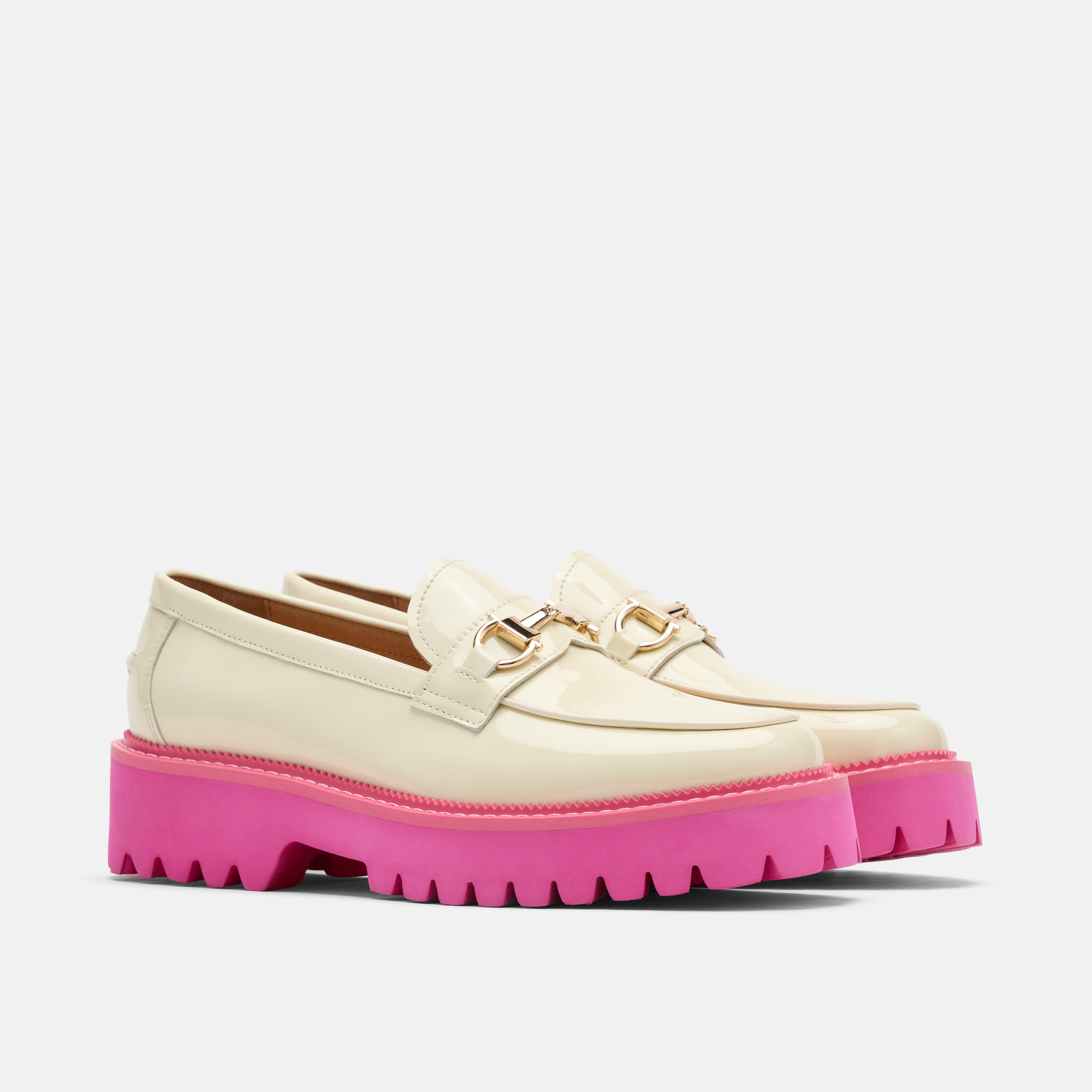 Ms. Boulevard Cream/Pink Patent Leather Bit Loafers