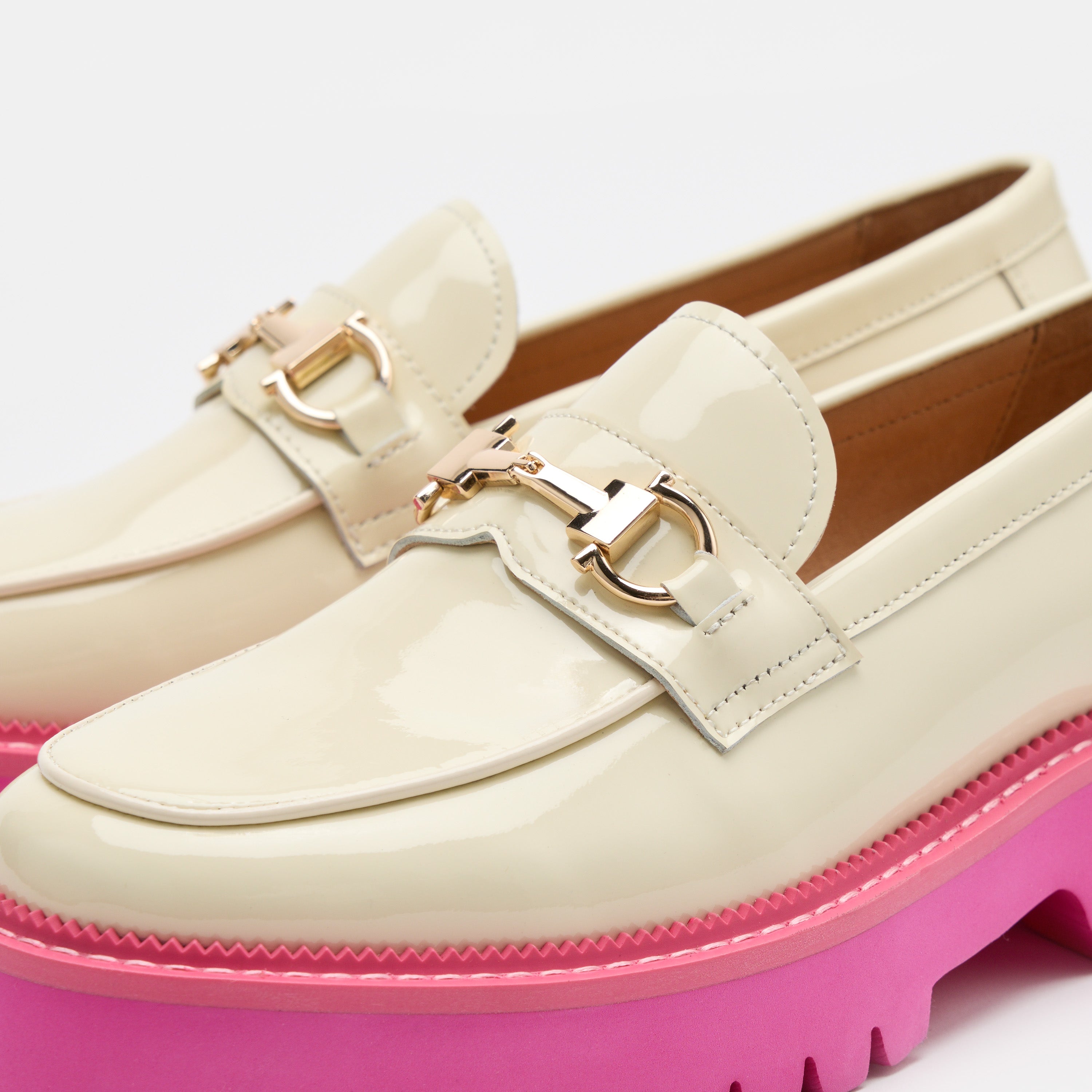 Ms. Boulevard Cream/Pink Patent Leather Bit Loafers